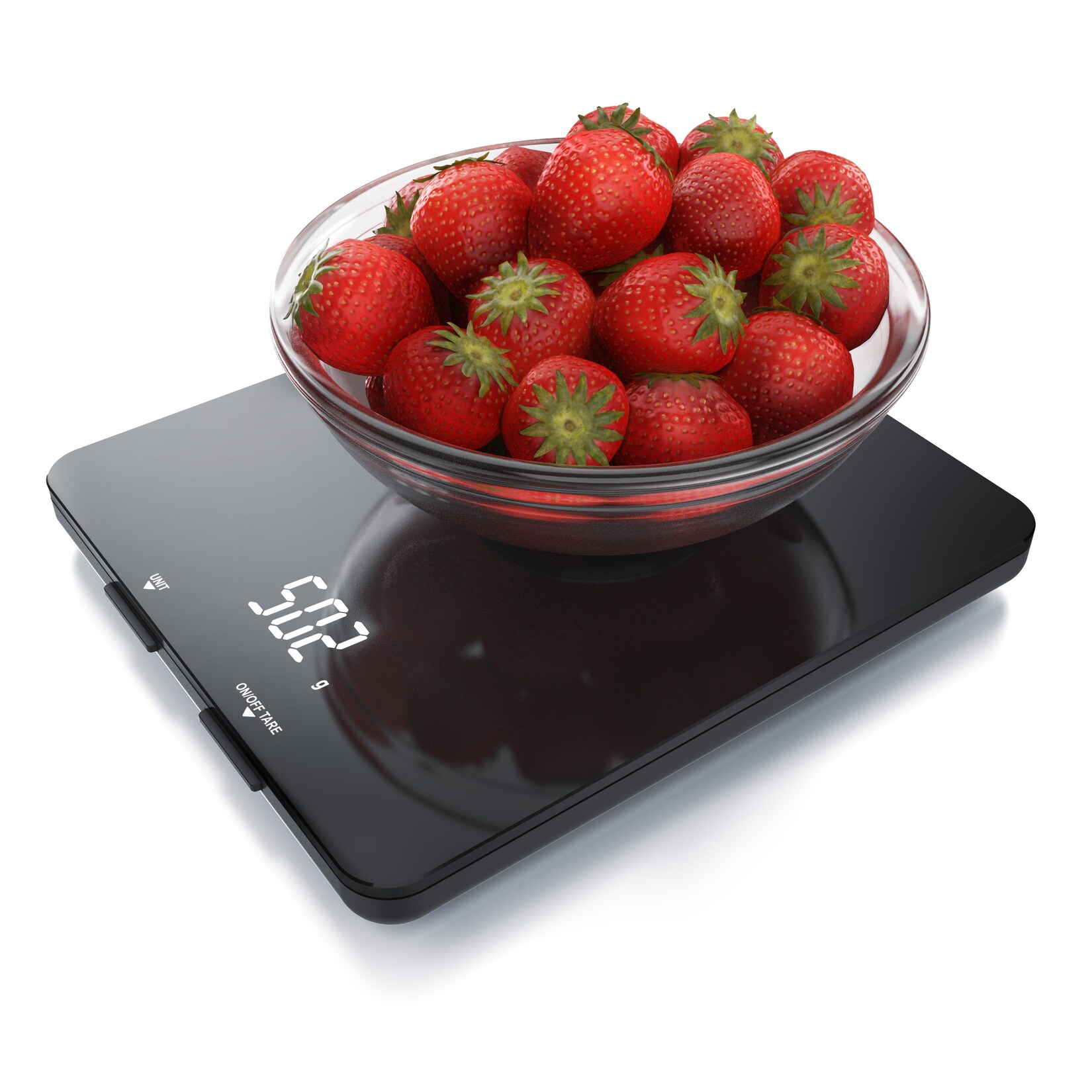 Küchenwaage mit schwarzer Hochglanz Glasoberfläche 19 x 16,5cm - LED Display - 4mm Glas