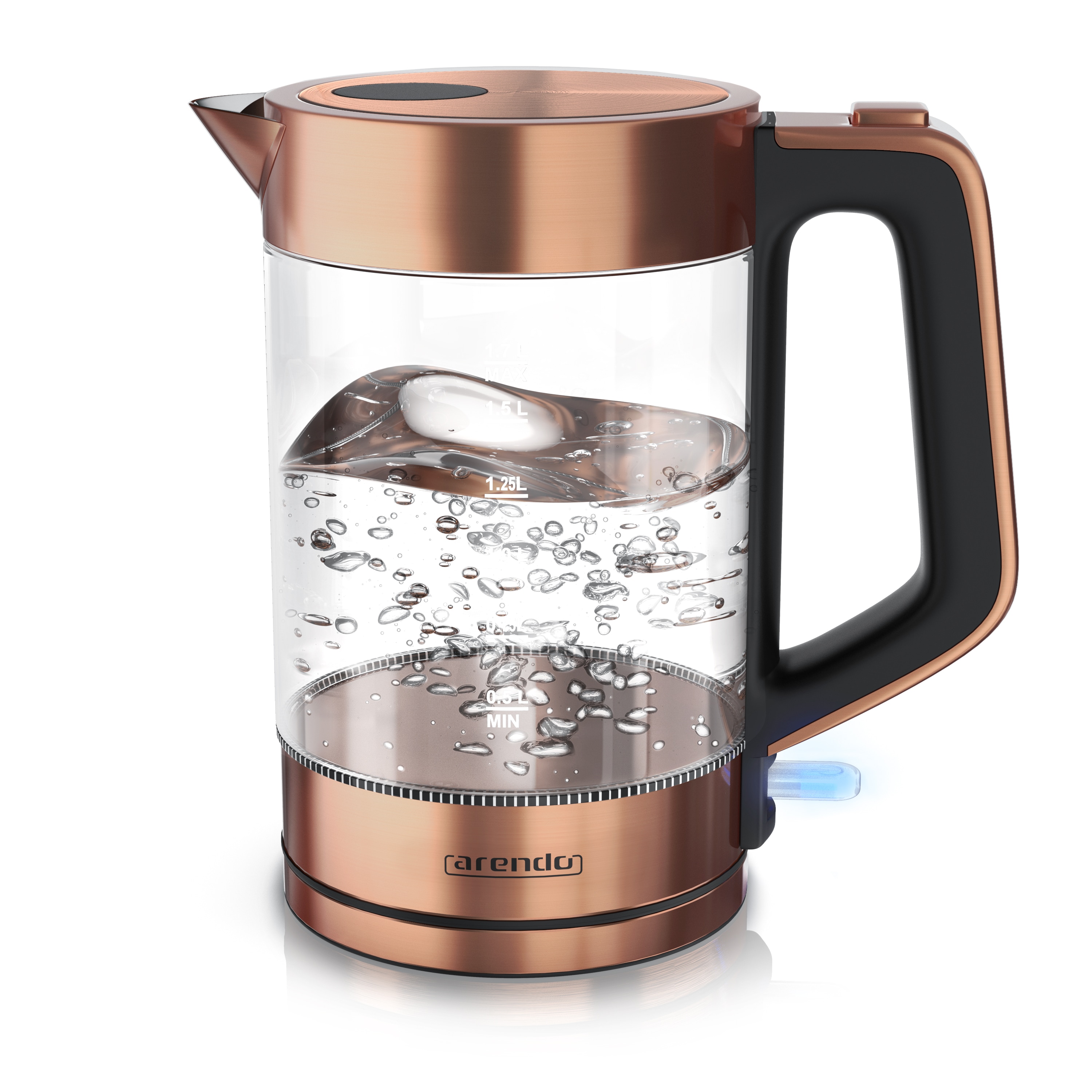 Arendo Glas Wasserkocher, 1,7l, Cool Touch, edles Kupfer Design 