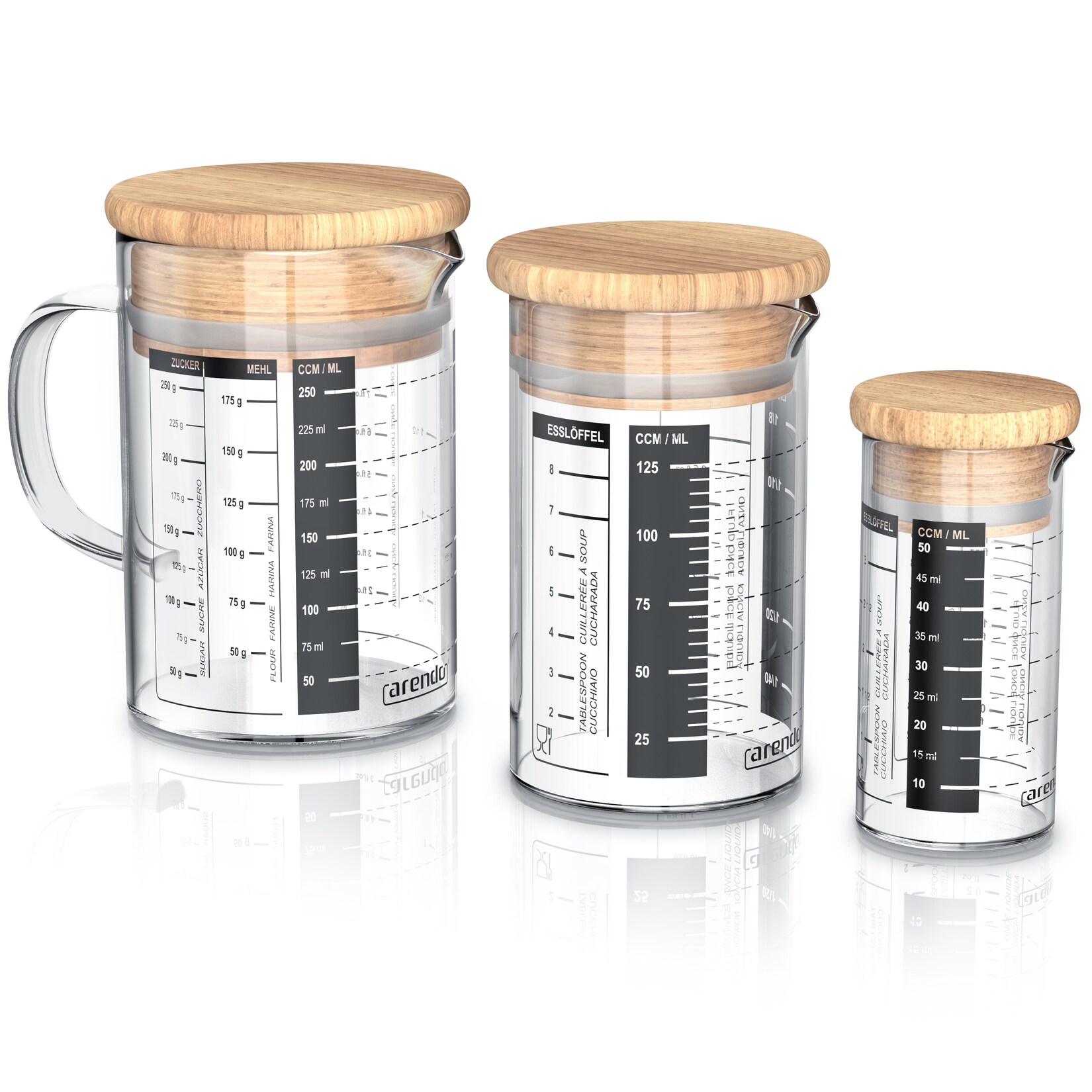 Arendo Messkrug Set 50, 125, 250 ml, Glas, luftdicht, mit Deckel