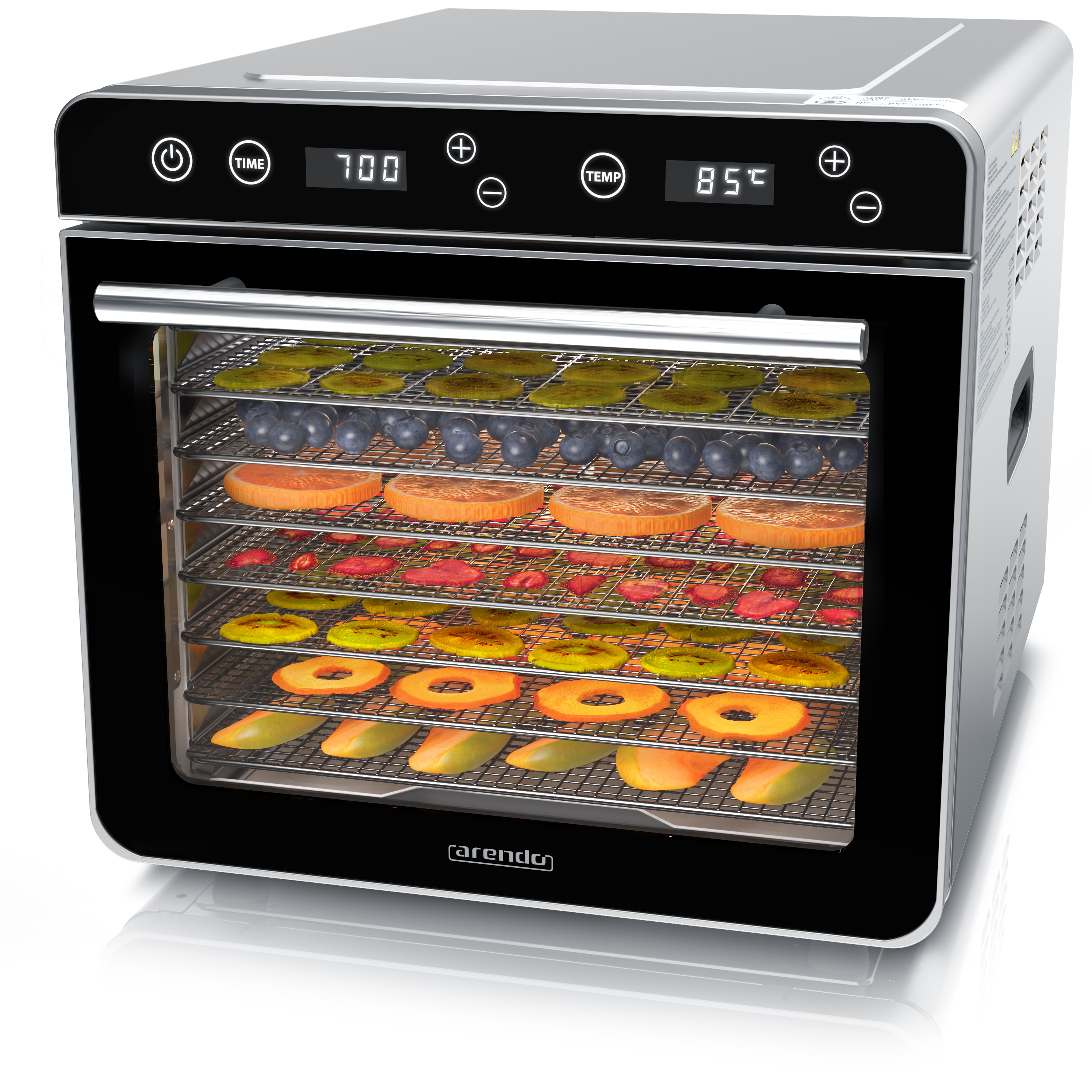 Arendo D&ouml;rrautomat Edelstahl, Temperaturregler von 35&deg; bis 85&deg;C, D&ouml;rrger&auml;t, Dehydrator, 700 W, 8 Etagen, Obst, Fisch, Fleisch D&ouml;rrapparat, Obsttrockner, Timer 0,5-24 Stunden 