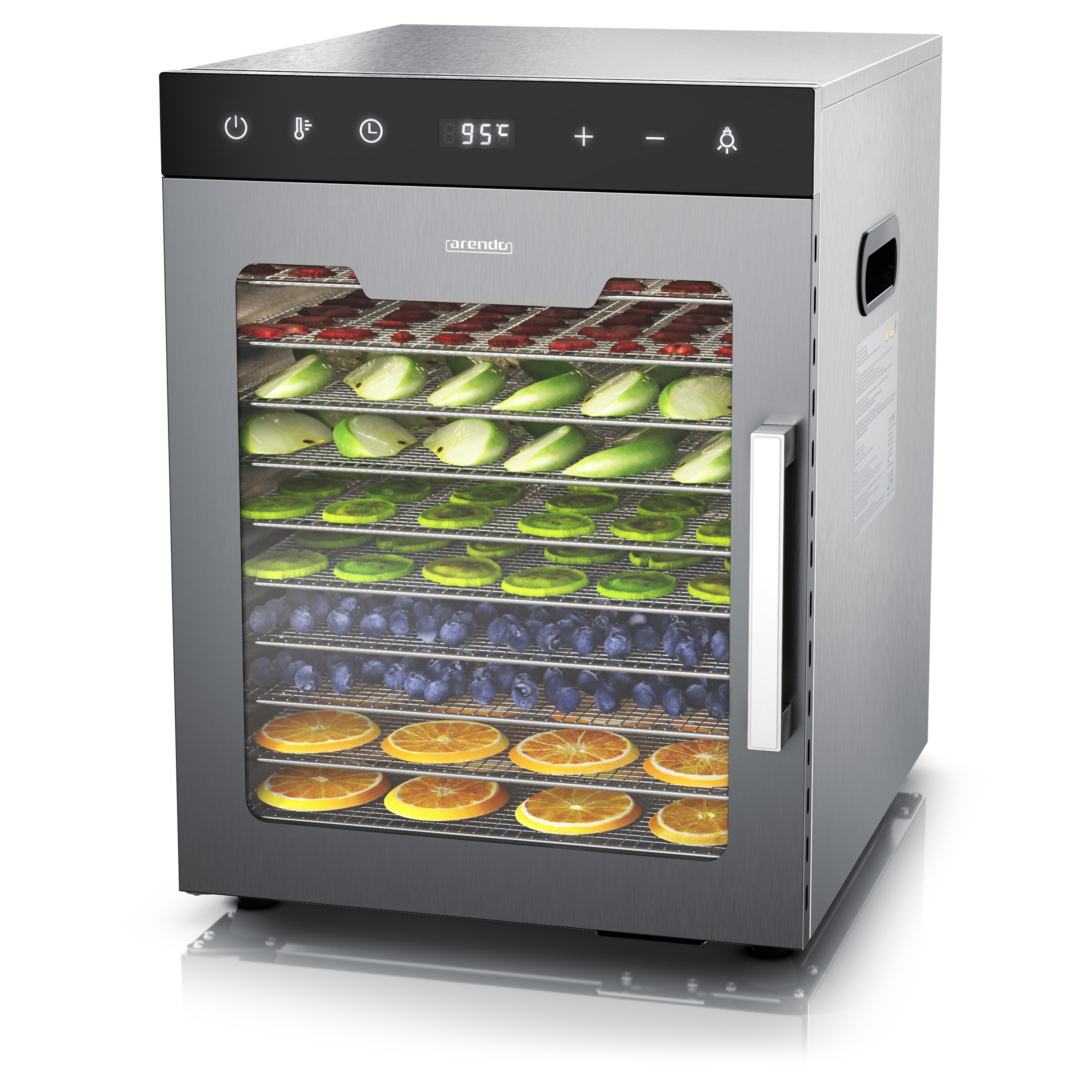 Arendo D&ouml;rrautomat Edelstahl, Temperaturregler von 30&deg; bis 90&deg;C, D&ouml;rrger&auml;t, Dehydrator, 800 W, 10 Etagen, Obst, Fisch, Fleisch D&ouml;rrapparat, Obsttrockner, Timer 0,5-24 Stunden 