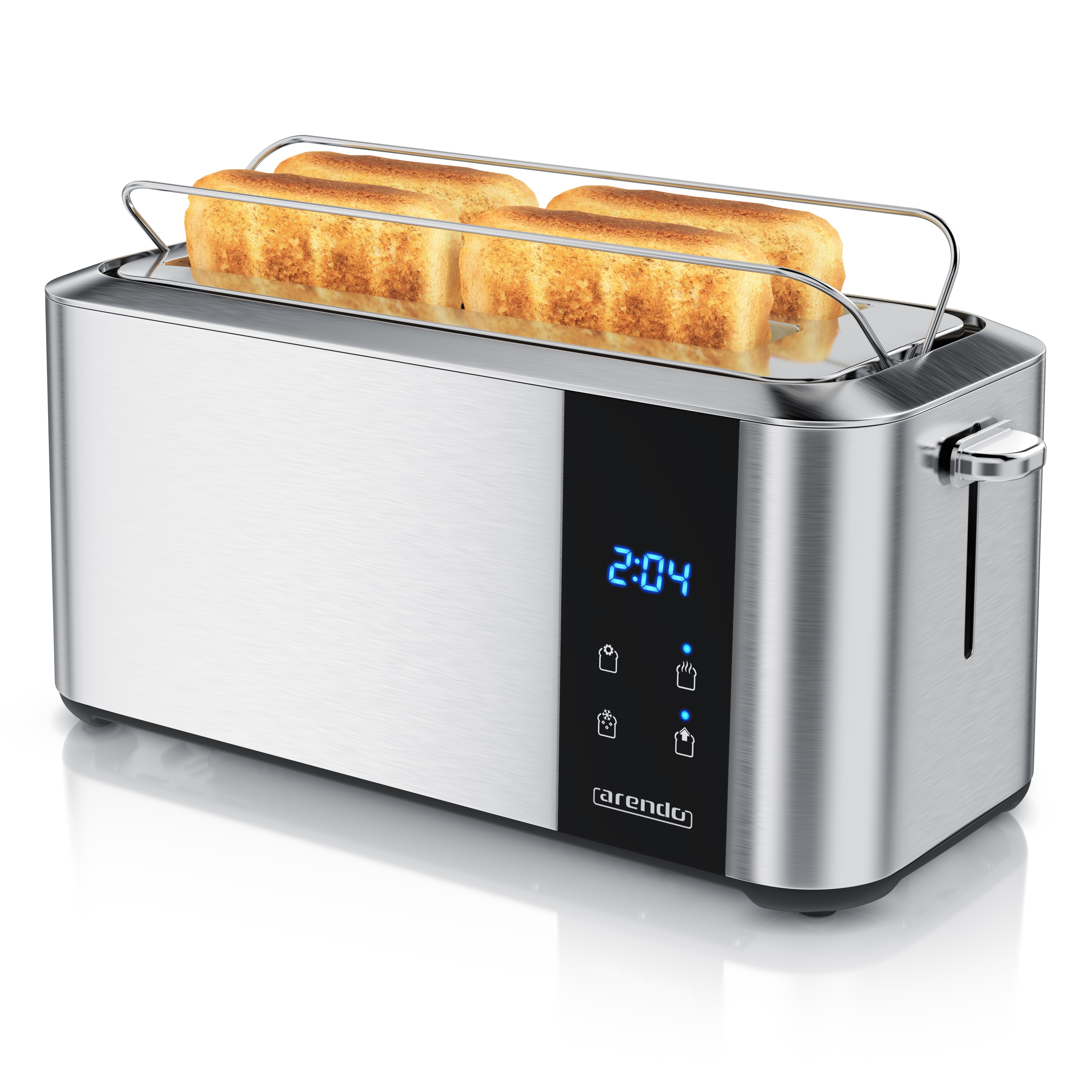 Arendo Langschlitz-Toaster 1500 W, f&uuml;r 4 Scheiben, Br&ouml;tchenaufsatz, Touchdisplay, LED-Anzeige, w&auml;rmeisoliert, Edelstahl 