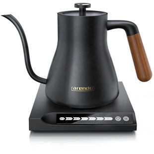 Arendo Wasserkocher aus Edelstahl, mit Temperatureinstellung, Griff aus Echt Holz, Retro, 0,5 l, 1000 W, Temperaturwahl 40° - 100°, Warmhaltefunktion 30 Min, Teekocher 