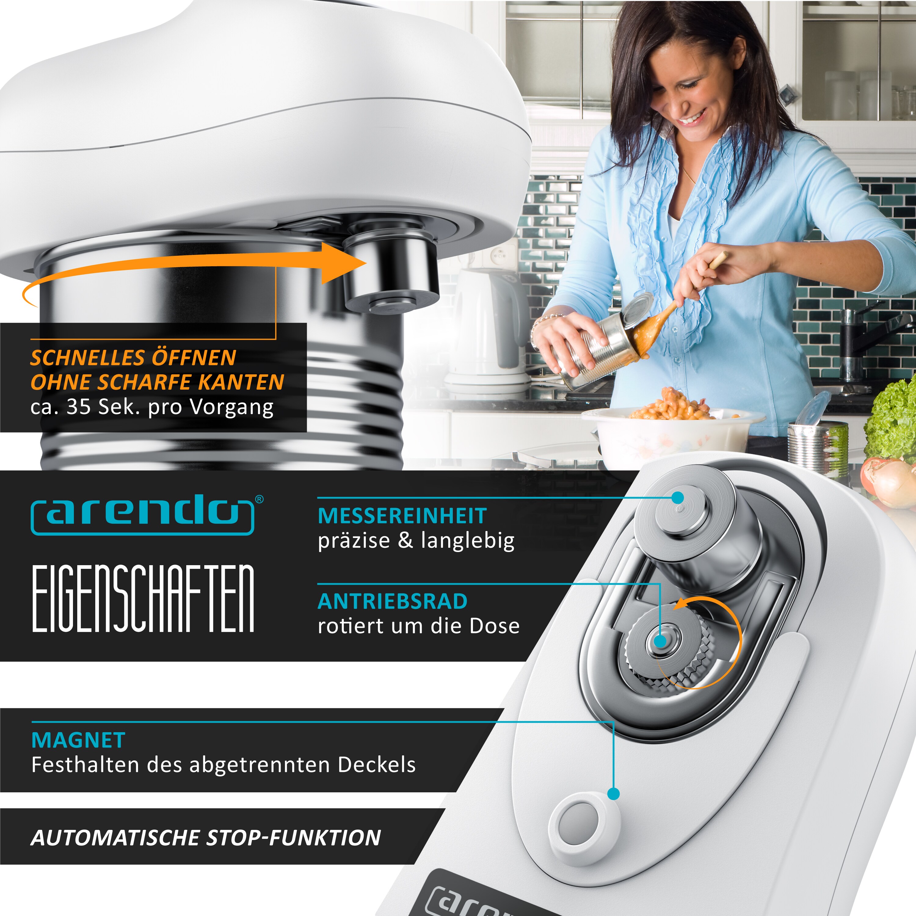 Arendo Elektrischer Dosenöffner Deckelöffner, Büchsenöffner für alle Dosengrößen, automatische 360° Drehung, Automatikstopp