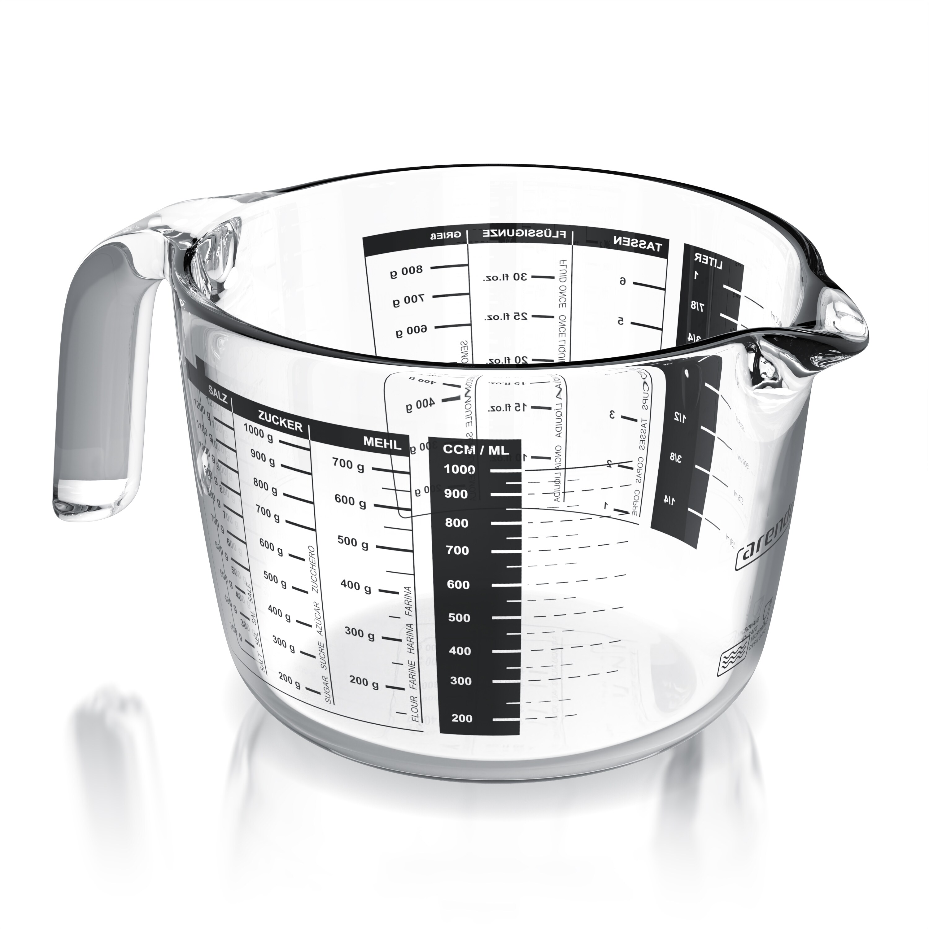 Arendo Messbecher Glasbeh&auml;lter 1000 ml, K&uuml;chenbeh&auml;lter aus Borosilikatglas, Glas, Messkrug hitzebest&auml;ndig, pr&auml;zise Skala, f&uuml;r K&uuml;che, Schule, Gastronomie 