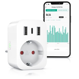 BEARWARE WLAN-Steckdose mit USB, 2,4Ghz WiFi Fernsteuerung per Smart life App, Sprachsteuerung, Zeitschaltuhr, Energiekostenmessgerät, USB-Ladegerät, Countdown Timer 