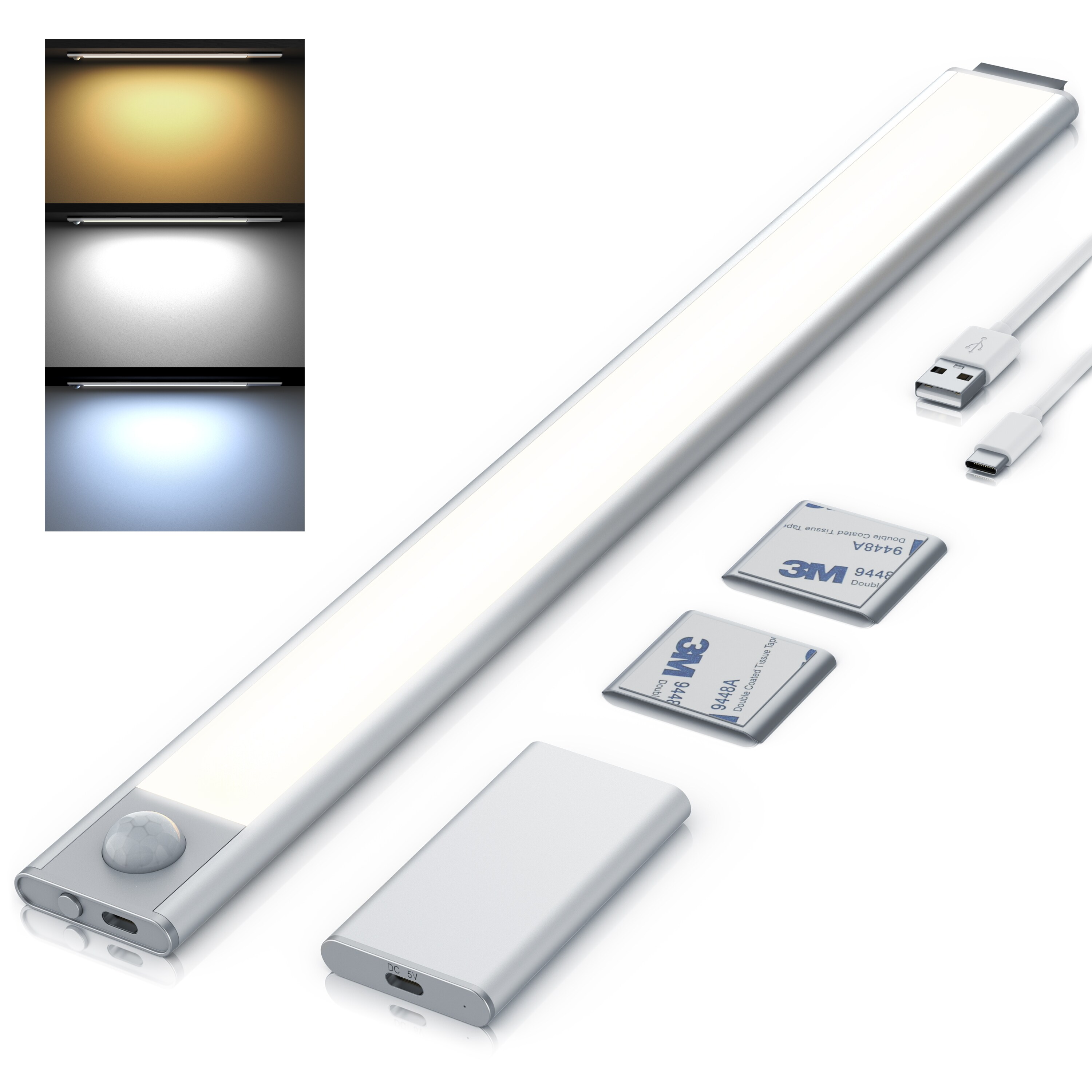 Brandson Unterschrankleuchte Nachtlicht mit Bewegungsmelder digital, Unterbauleuchte, 1500 mAh Akku, SMD LED, warmwei&szlig;, neutralwei&szlig;, kaltwei&szlig;, abnehmbar, Lichtsensor, 300 Lm, PIR Bewegungssensor, Timer 