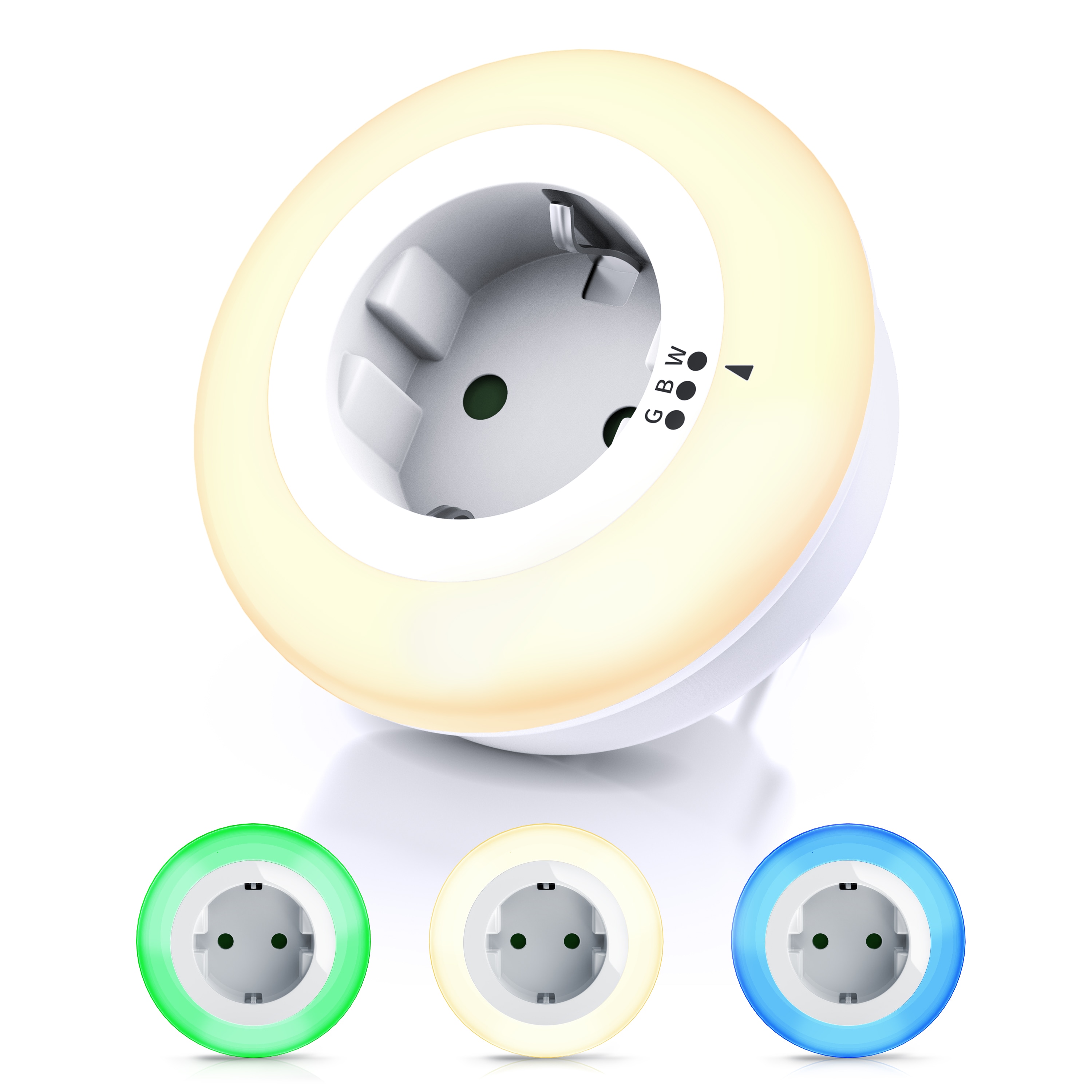 Brandson LED Nachtlicht Nacht & Orientierungslicht mit Steckdose, Helligkeits/D&auml;mmerungssensor, Automatische Ein-/Ausschaltung; Farbwechsel; Nachtlichtfunktion, LED fest integriert, Warmwei&szlig;, Gr&uuml;n, Blau, Nachtlampe mit Zwischenstecker & ausw&auml;hlbaren Farben 