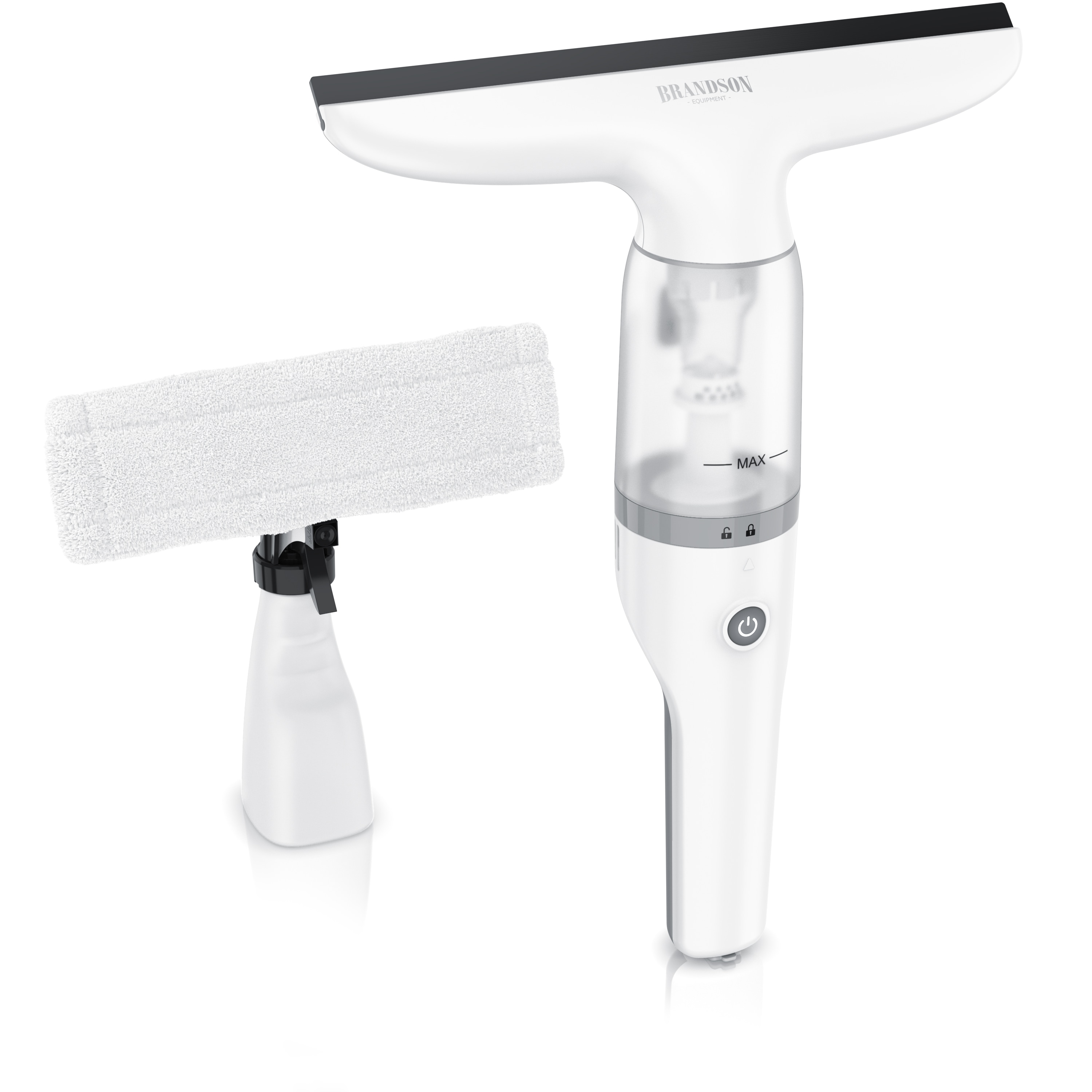 Brandson Akku-Fenstersauger Fensterreiniger inkl. Spr&uuml;hflasche mit Wischbezug, 28 cm Saugd&uuml;se, Laufzeit ca. 30 minuten, f&uuml;r Fenster Duschkabine Spiegel, 2200 mAh 