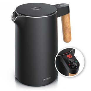 Arendo Wasserkocher Edelstahl, Doppelwand, Temperatureinstellung 40° - 100 °C mit Anzeige, 1,5 l, 2200 W, Warmhaltefunktion, 360° Basis, mit Holzgriff, BPA-frei 