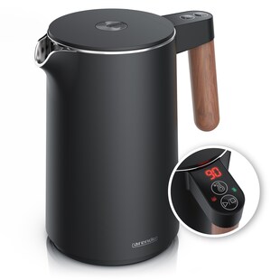 Arendo Wasserkocher Edelstahl, Doppelwand, Temperatureinstellung 40° - 100 °C mit Anzeige, 1,5 l, 2200 W, Warmhaltefunktion, 360° Basis, mit Holzgriff, BPA-frei 