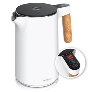 Arendo Wasserkocher Edelstahl, Doppelwand, Temperatureinstellung 40° - 100 °C mit Anzeige, 1,5 l, 2200 W, Warmhaltefunktion, 360° Basis, mit Holzgriff, BPA-frei 