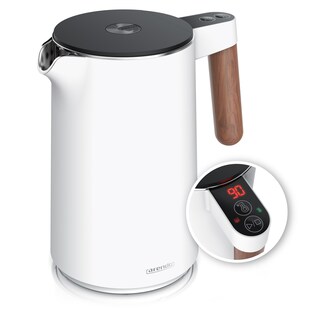 Arendo Wasserkocher Edelstahl, Doppelwand, Temperatureinstellung 40° - 100 °C mit Anzeige, 1,5 l, 2200 W, Warmhaltefunktion, 360° Basis, mit Holzgriff, BPA-frei 