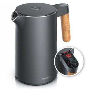 Arendo Wasserkocher Edelstahl, Doppelwand, Temperatureinstellung 40° - 100 °C mit Anzeige, 1,5 l, 2200 W, Warmhaltefunktion, 360° Basis, mit Holzgriff, BPA-frei 