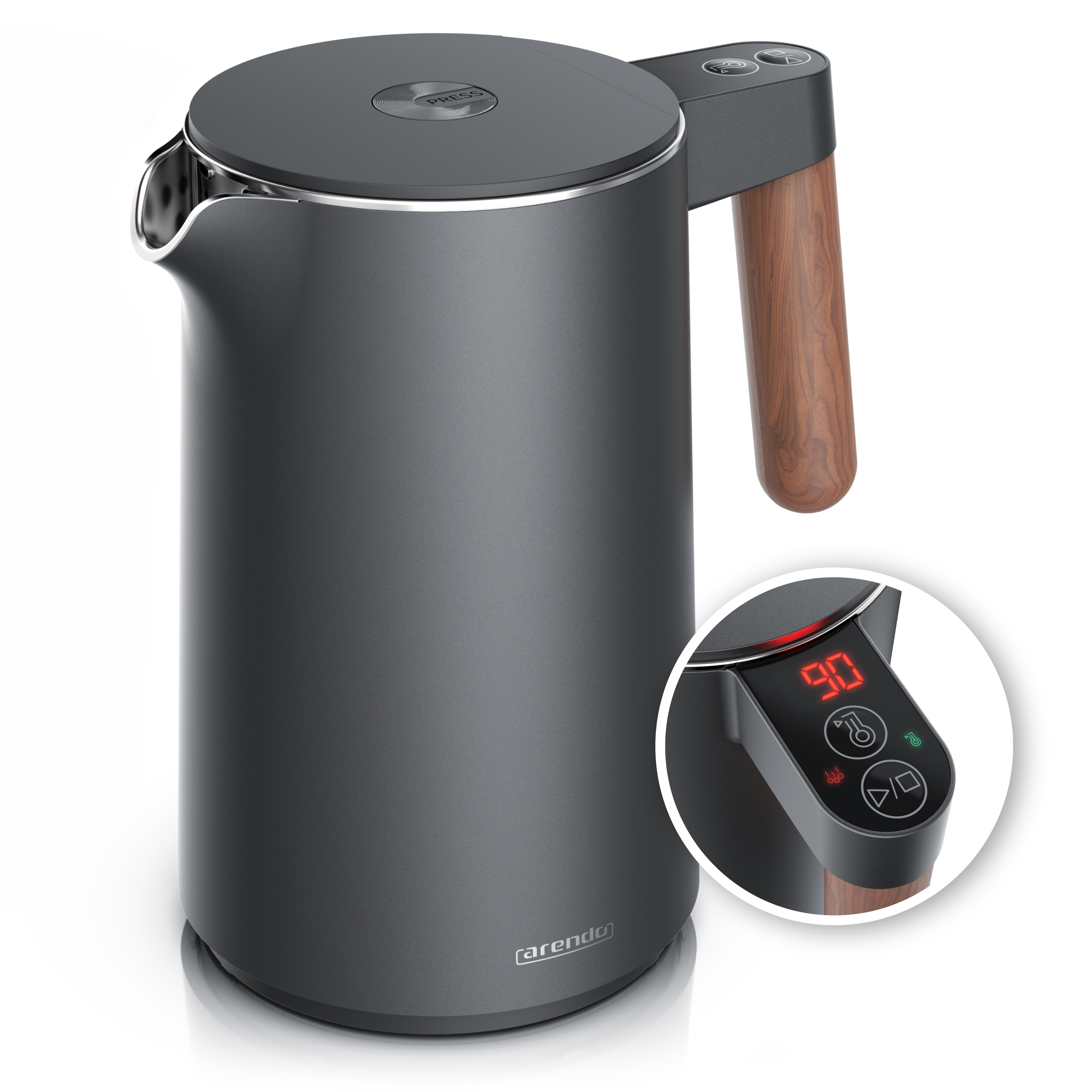 Arendo Wasserkocher Edelstahl, Doppelwand, Temperatureinstellung 45 &deg; &ndash; 100 &deg;C mit Anzeige, 1,5 l, 2200 W, Warmhaltefunktion, Teekocher, mit Holzgriff, BPA-frei 