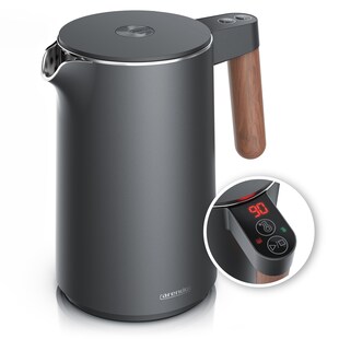Arendo Wasserkocher Edelstahl, Doppelwand, Temperatureinstellung 45 ° – 100 °C mit Anzeige, 1,5 l, 2200 W, Warmhaltefunktion, Teekocher, mit Holzgriff, BPA-frei 
