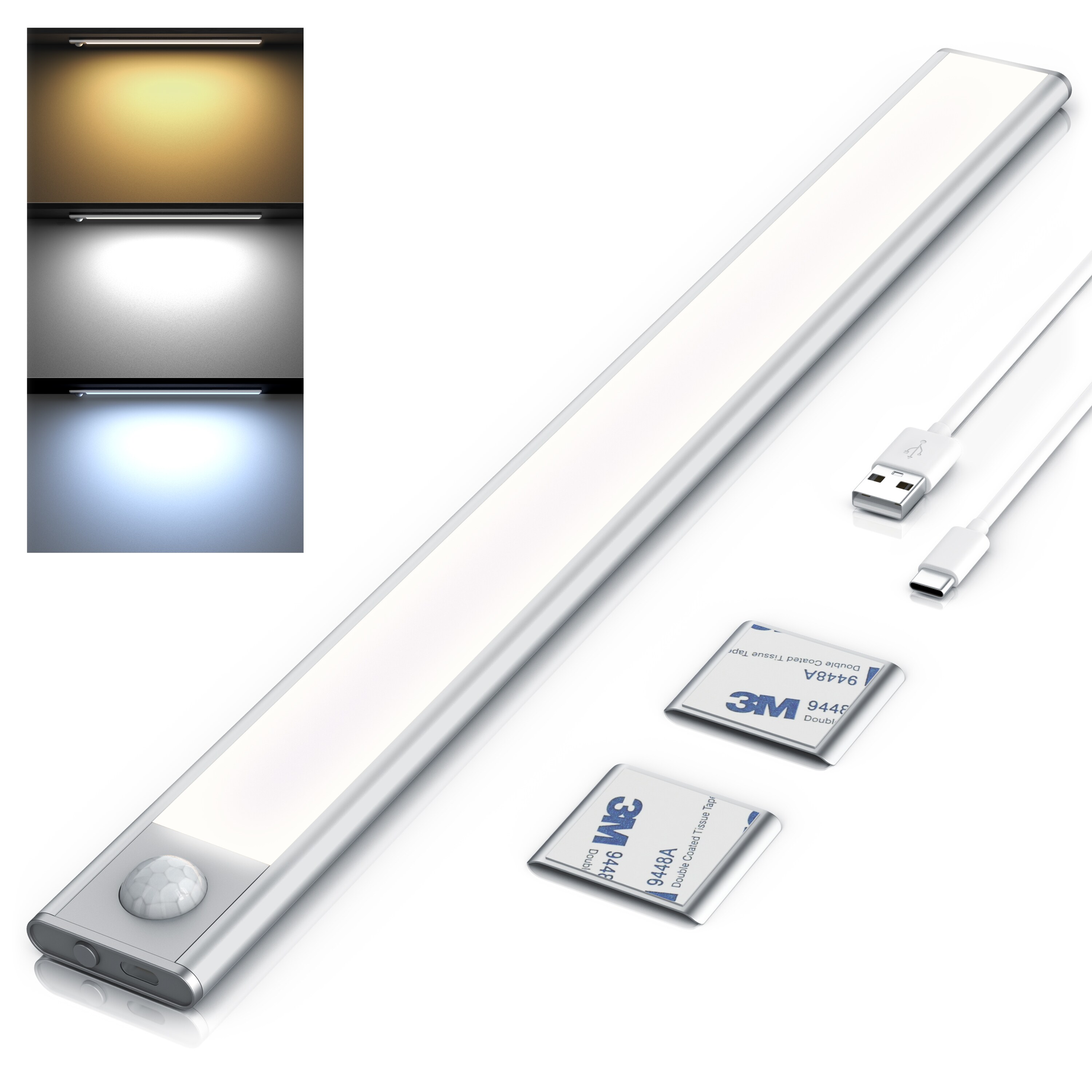 Brandson LED Unterschrankleuchte mit Bewegungsmelder, Akku, 3 Lichtfarben Warmwei&szlig; Neutralwei&szlig; Kaltwei&szlig;, dimmbar, SMD LED, Unterbau und Nachtlicht, inklusive Wandhalterung 