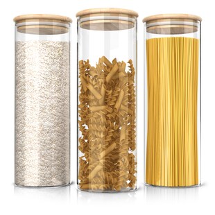 Arendo Glasbehälter-Set aus Borosilikatglas mit Bambusdeckel, 1L, 3-tlg., mikrowellengeeignet, luftdicht 