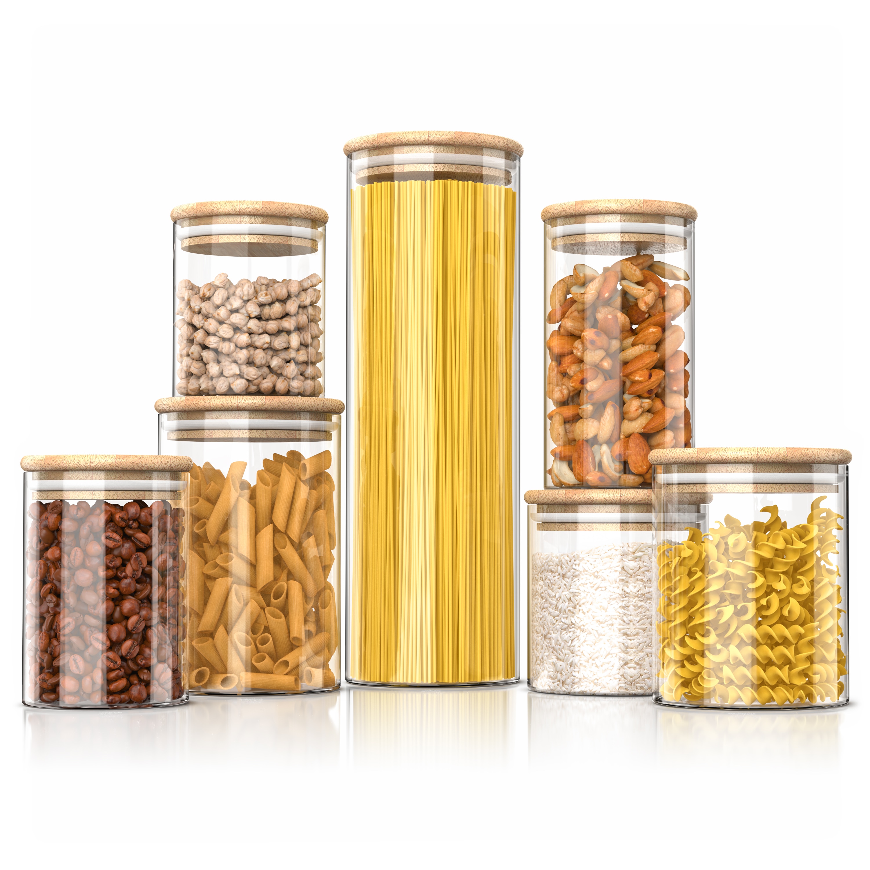 Arendo Glasbeh&auml;lter-Set aus Borosilikatglas mit Bambusdeckel, 7-tlg., mikrowellengeeignet, luftdicht 