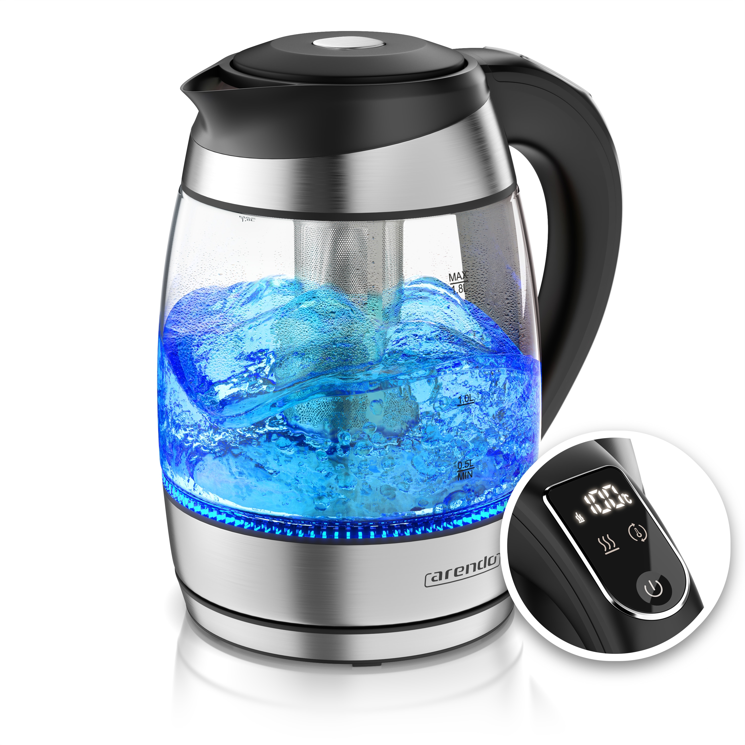 Arendo Wasserkocher, Edelstahl oder Glas, Temperaturanzeige & Warmhaltefunktion 