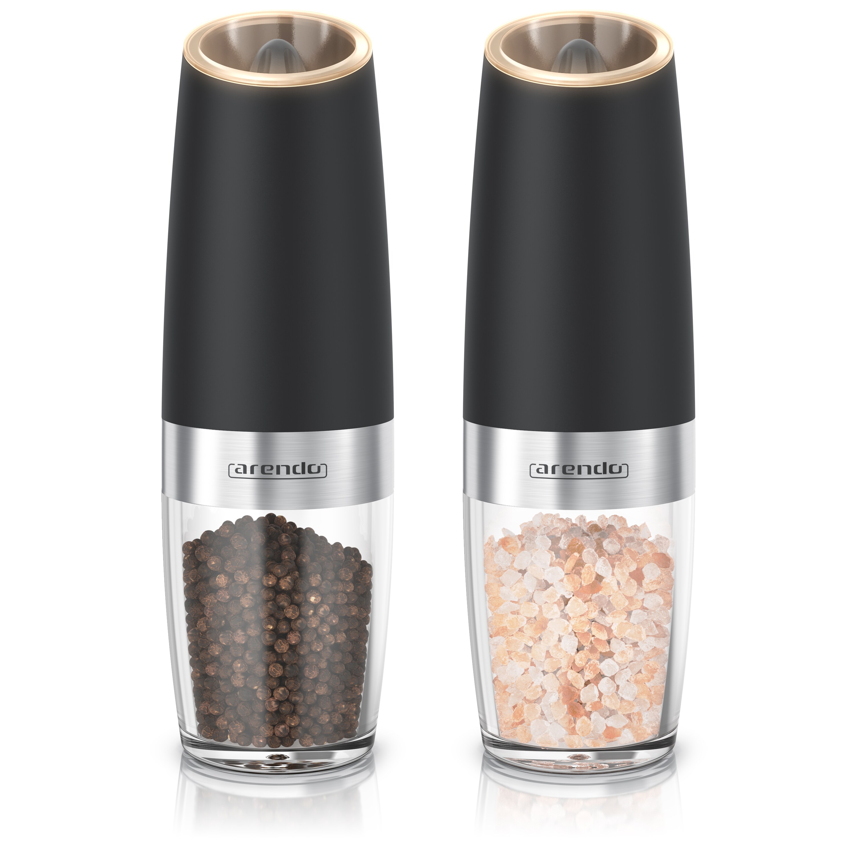 Arendo Salz/Pfeffermiihle Elektrische Salzmiihle & Pfeffermihhle, stufenlos einstellbar Batteriebetrieben, (2 Stiick), Edelstahl, Keramikmahlwerk, 2er LED, Kippsensor 