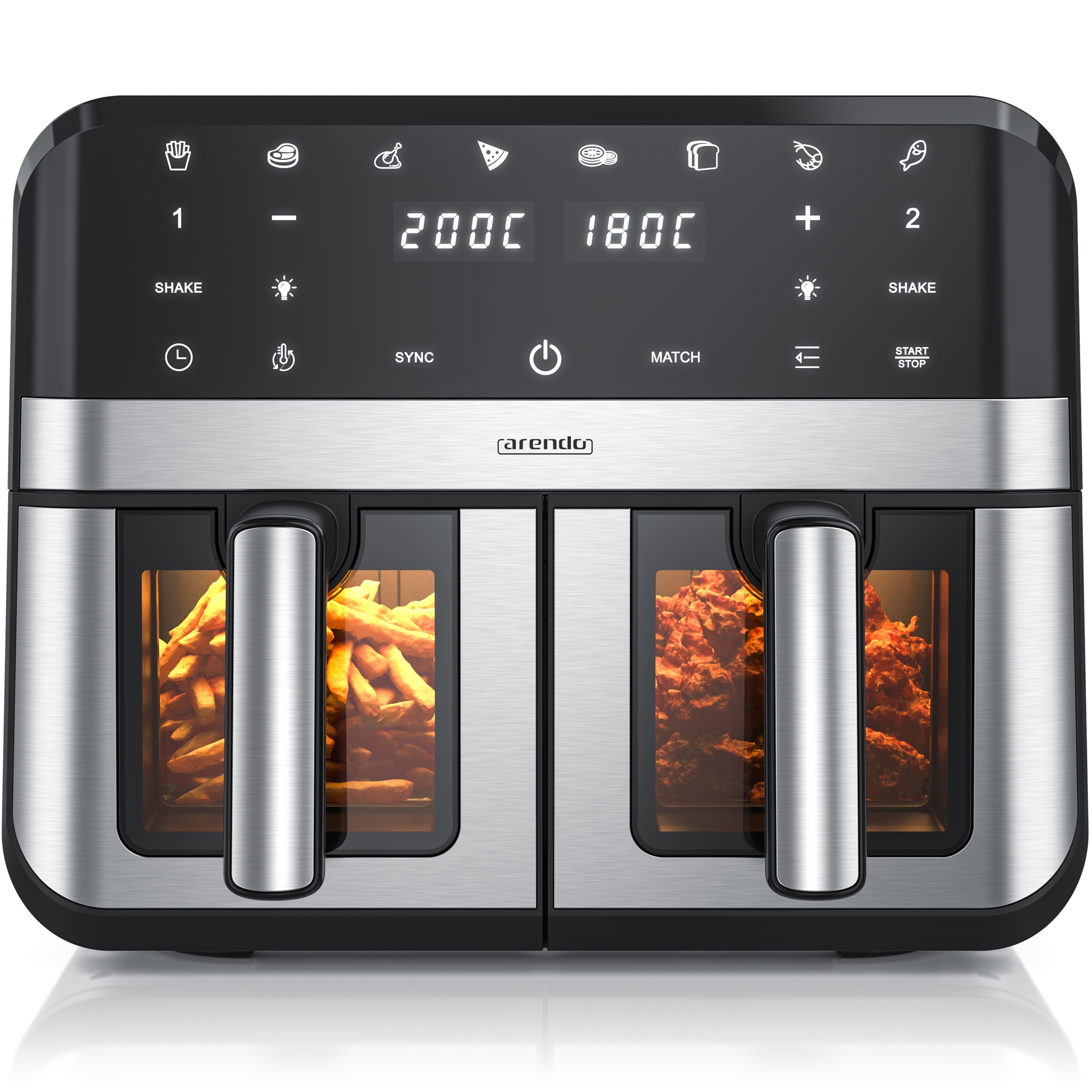 Arendo HeiBluftfritteuse XXL Doppelkammer Airfryer , Dual Zone, Sichtfenster mit Beleuchtung, 2400 W, mit Zubehdr, Touchscreen, 3D Umluftsystem, fettarmes gesundes Kochen 