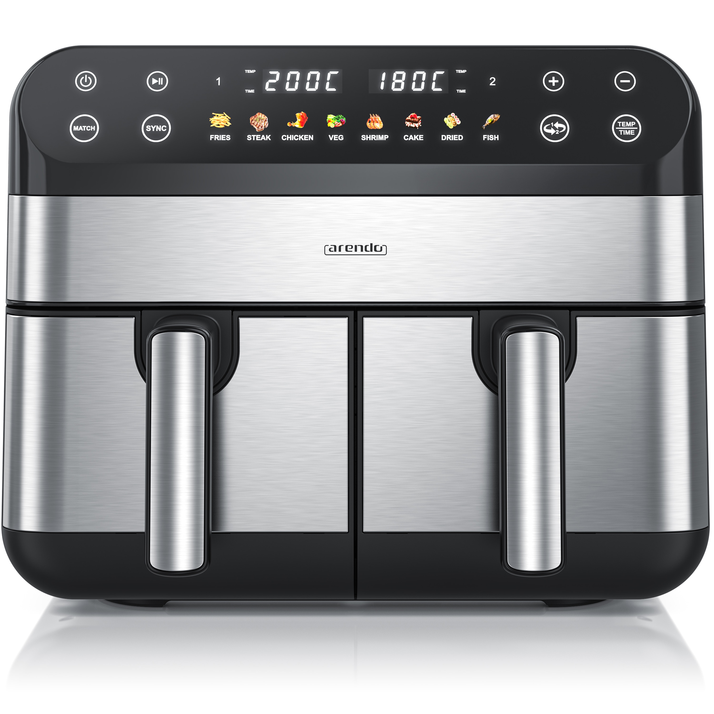 Arendo HeiBluftfritteuse XXL Doppelkammer Airfryer SL, Dual Zone, Backofen, D&eacute;rrautomat, 2400 W, mit Zubeh&eacute;r, Touchscreen, 3D Umluftsystem, fettarmes gesundes Kochen 