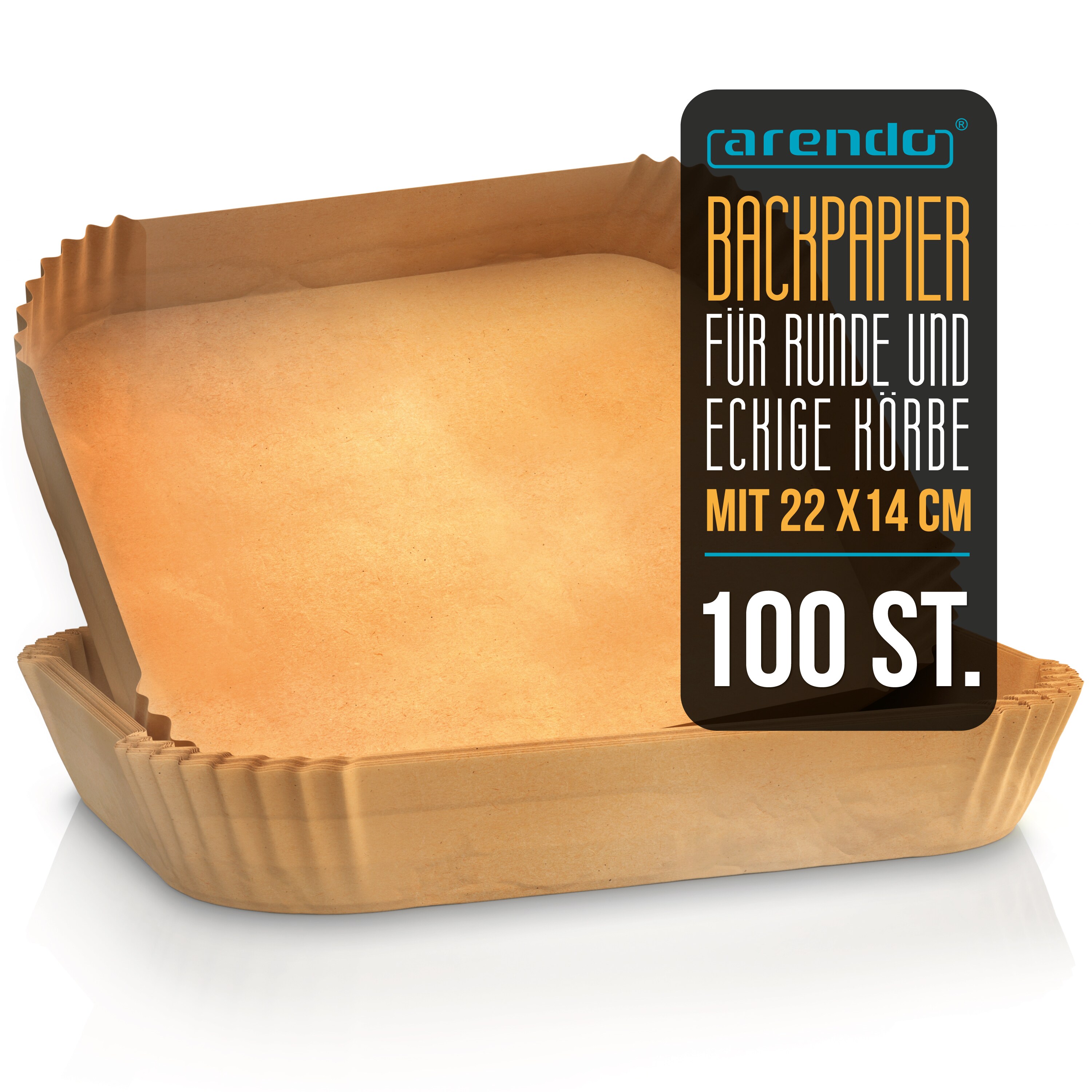Arendo Backpapier f&uuml;r Hei&szlig;luftfritteuse 4,5&ndash;10 L, 100 St., 22 x 14 x 4,5 cm, antihaft, ungebleicht, wasser- & &ouml;lbest&auml;ndig 