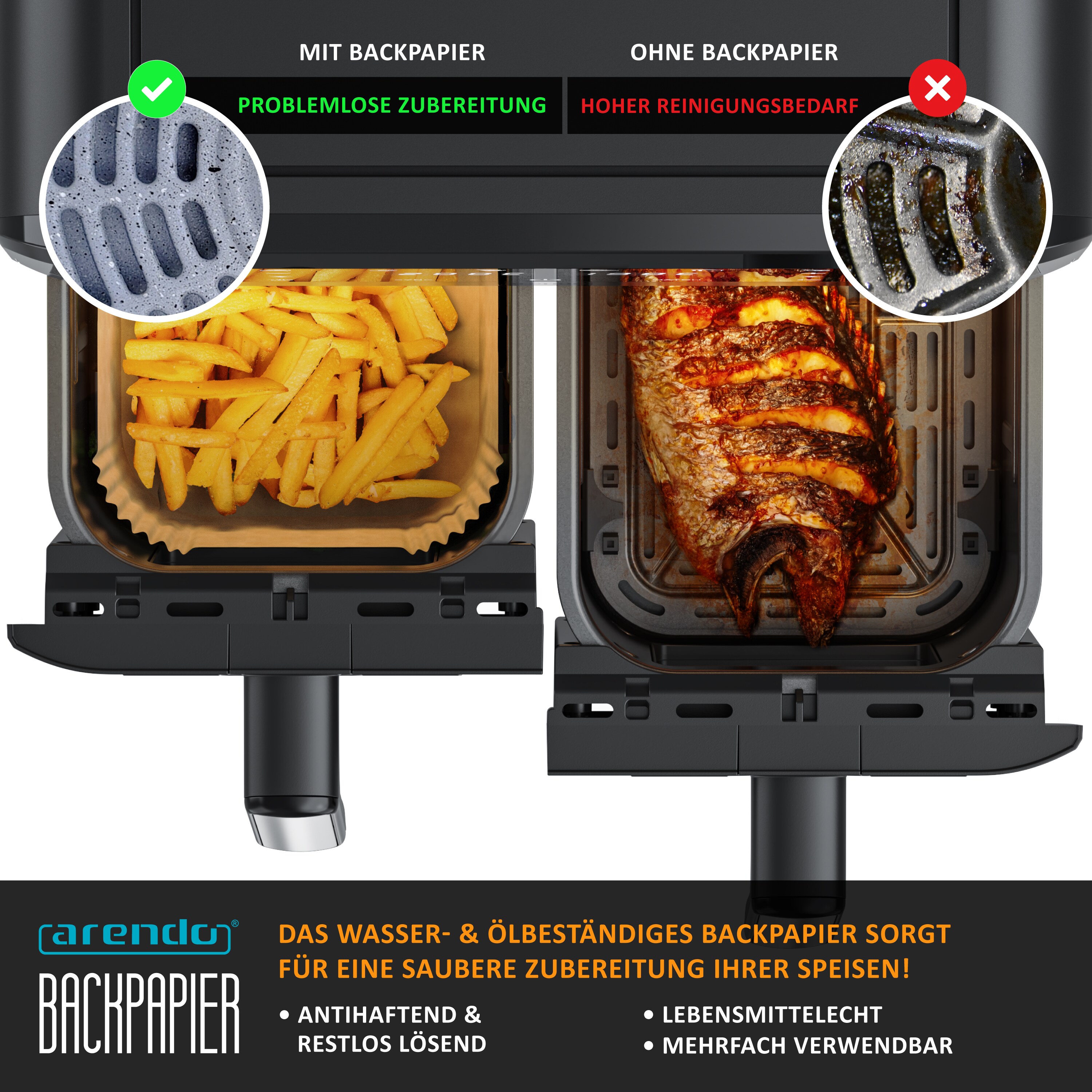 Arendo Backpapier Für Heißluftfritteuse Doppelkammer – 100 Stück 22x14x4,5 Cm Antihaft Backpapier, Wasser- & Ölbeständig Für Airfryer