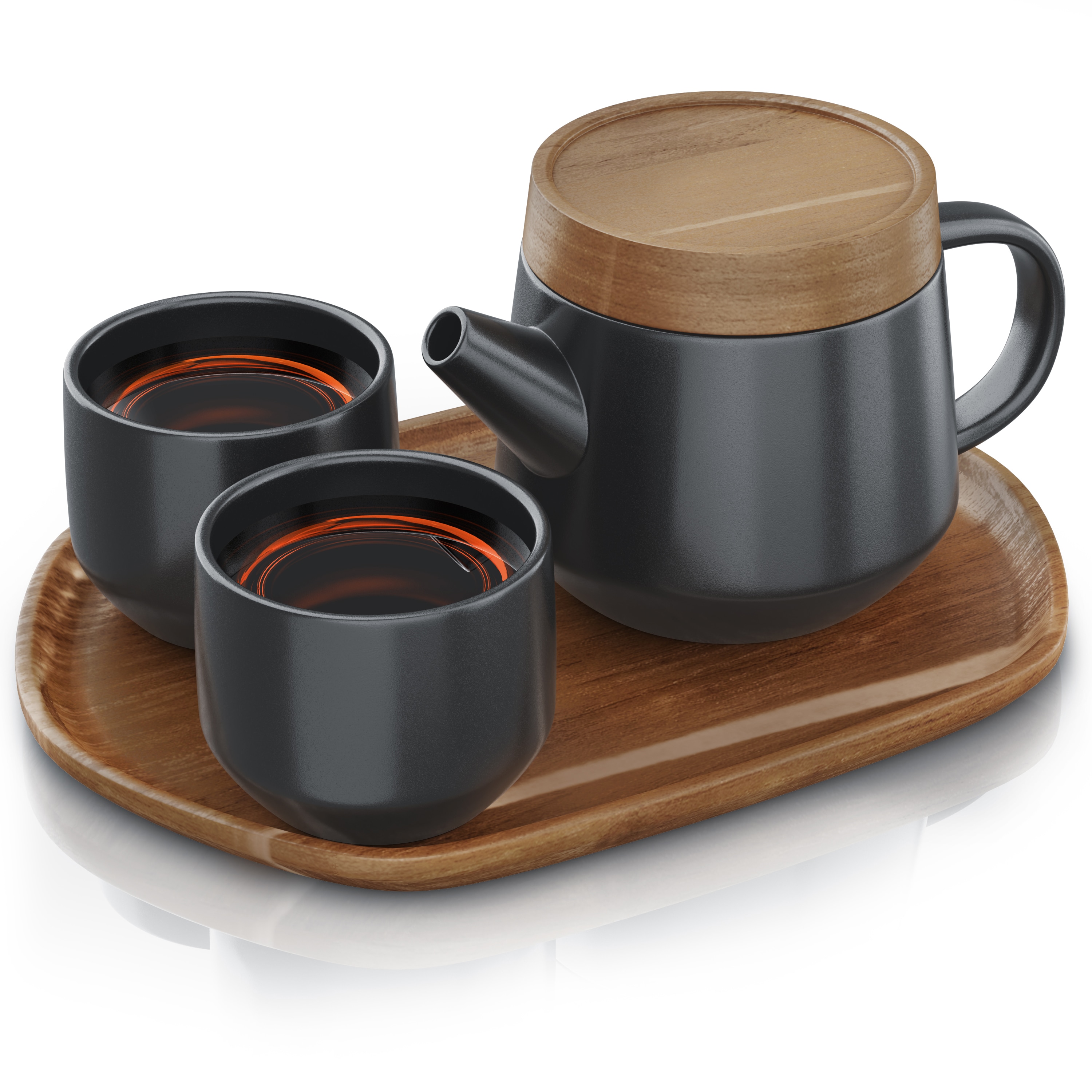 Arendo Teeservice Keramik Teekannen Set 0,6 L, 5-tlg., japanisches Design, mit Teesieb, Porzellan, 2 Tassen, Tablett 
