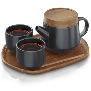 Arendo Teeservice Keramik Teekannen Set 0,6 L, 5-tlg., japanisches Design, mit Teesieb, Porzellan, 2 Tassen, Tablett 