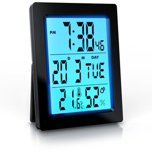 BEARWARE Reisewecker mit Akku & Netzteil, 2 Alarme, Musikfunktion, Temperatur & Luftfeuchte, kompakt 