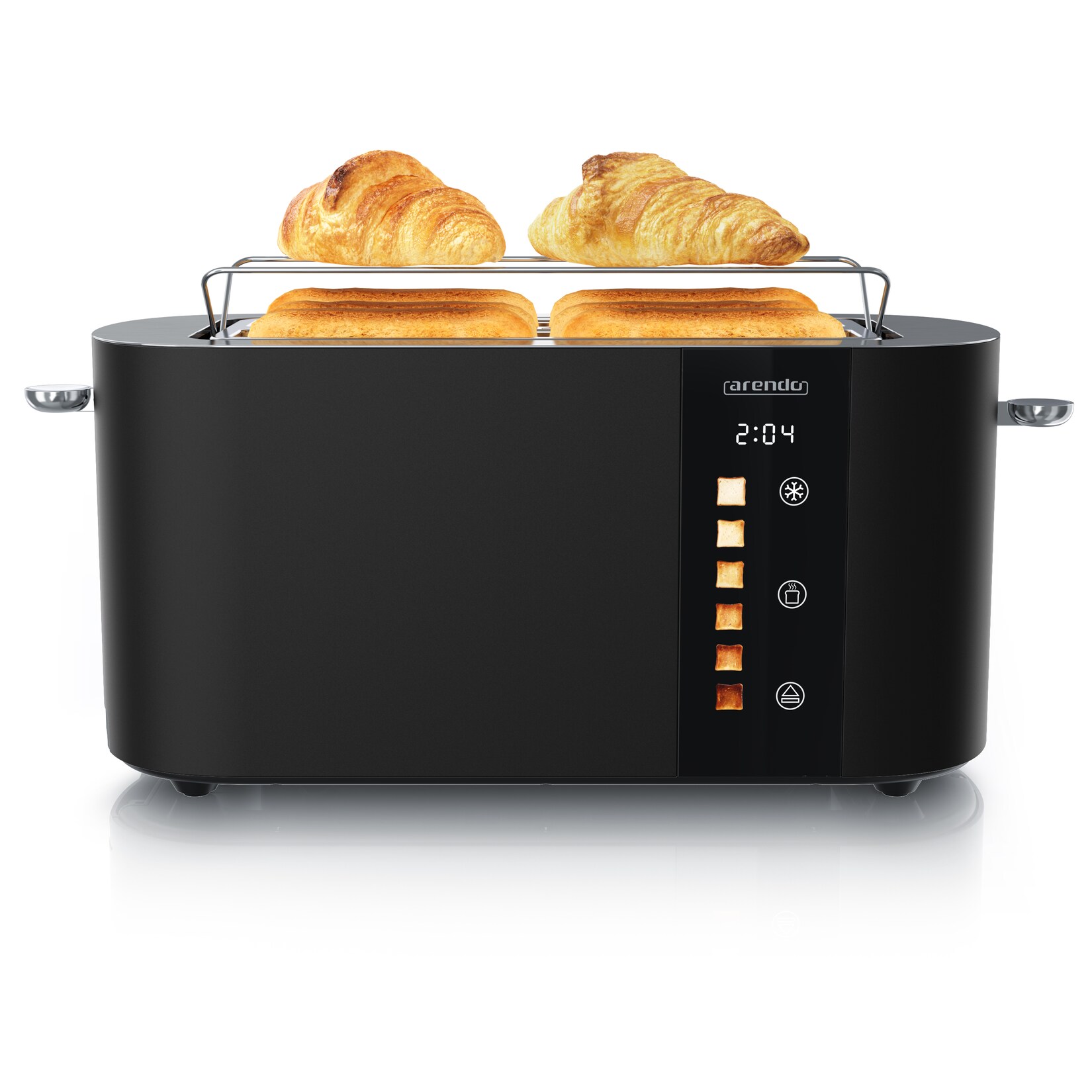 Toaster Edelstahl, Langschlitz, Touch Display, Bräunungsgrad- & Restzeitanzeige, 2 lange Schlitze, 4 Scheiben, 1500 W, Brötchenaufsatz, wärmeisoliert