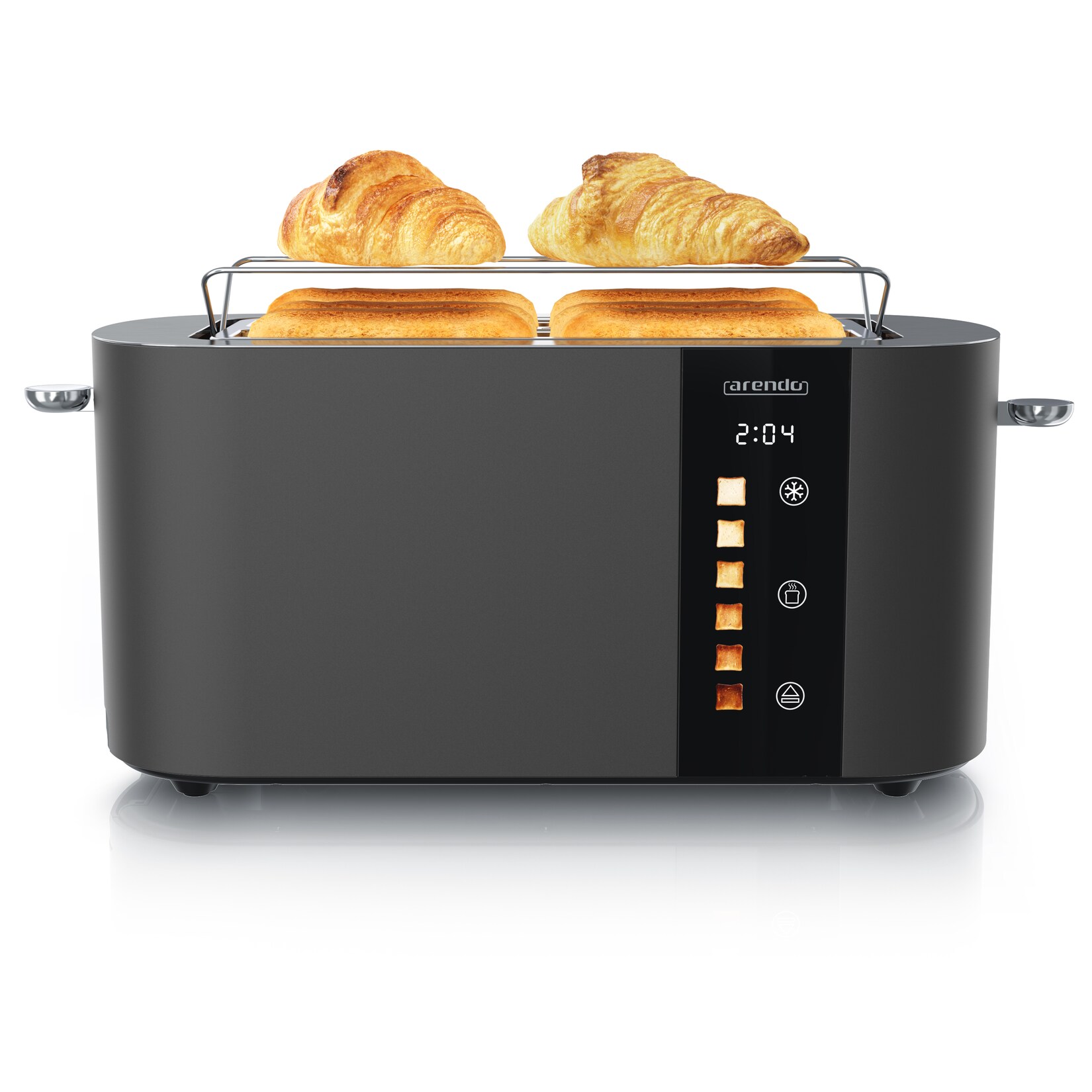 Toaster Edelstahl, Langschlitz, Touch Display, Bräunungsgrad- & Restzeitanzeige, 2 lange Schlitze, 4 Scheiben, 1500 W, Brötchenaufsatz, wärmeisoliert
