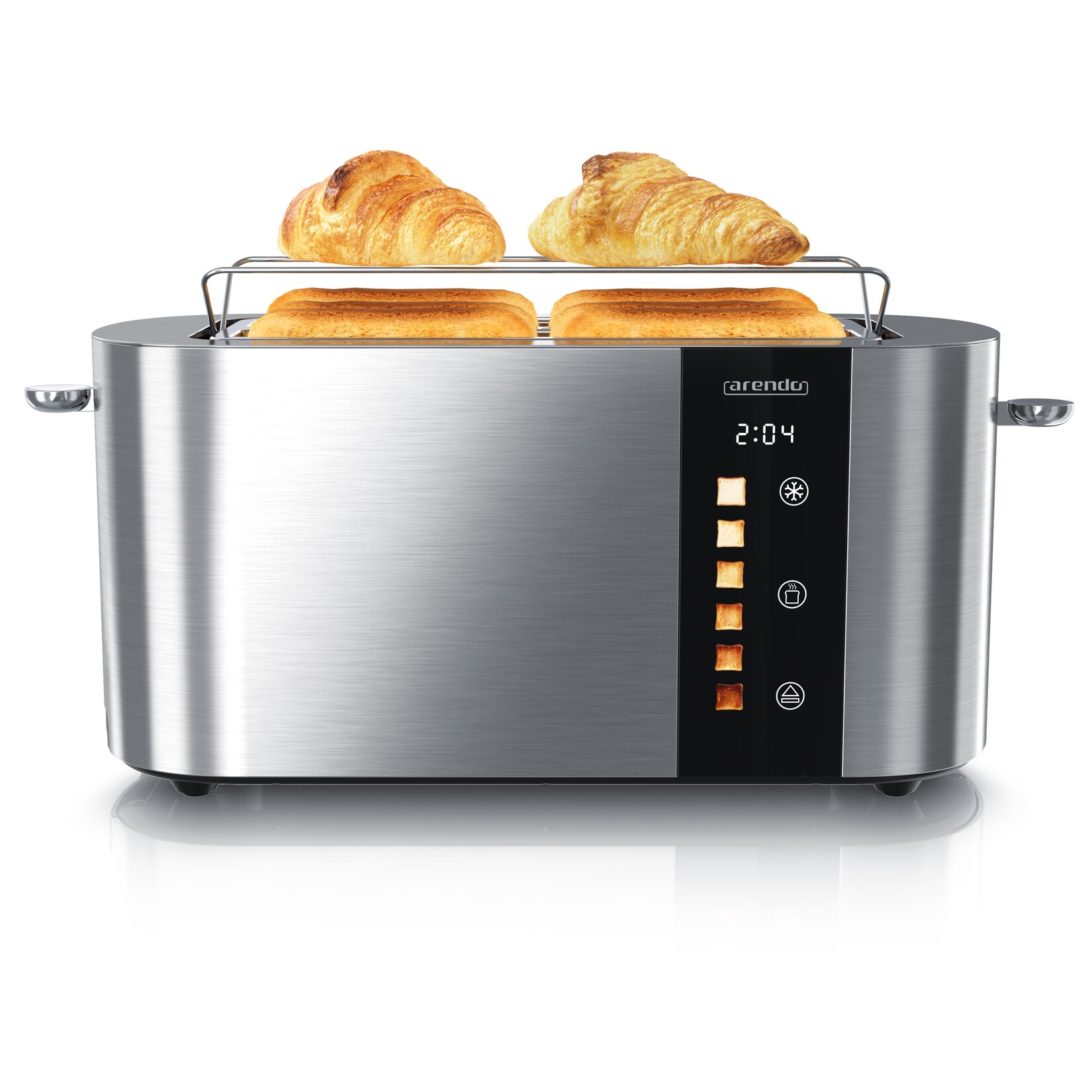Toaster Edelstahl, Langschlitz, Touch Display, Bräunungsgrad- & Restzeitanzeige, 2 lange Schlitze, 4 Scheiben, 1500 W, Brötchenaufsatz, wärmeisoliert