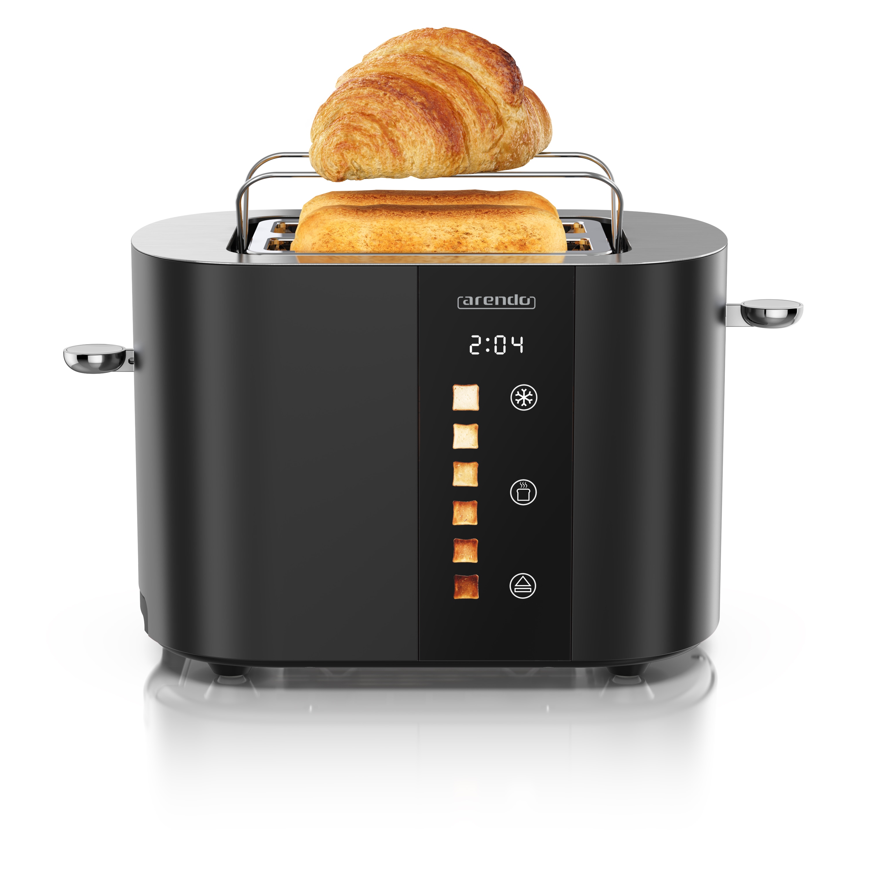 Arendo Toaster Edelstahl, Kurzschlitz, Touch Display, Br&auml;unungsgrad- & Restzeitanzeige, 2 Schlitze, 2 Scheiben, 800 W, Br&ouml;tchenaufsatz, w&auml;rmeisoliert 