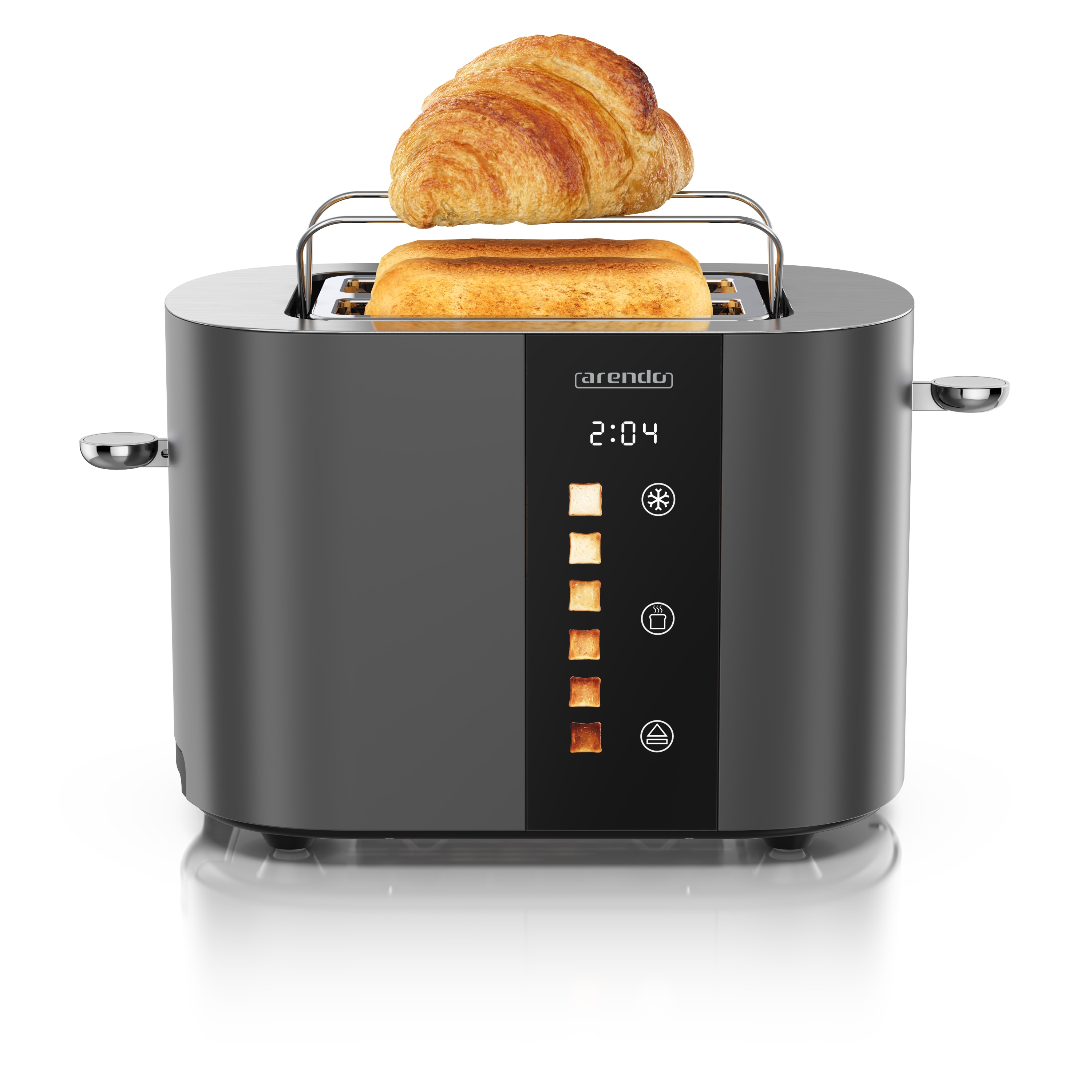 Arendo Toaster Edelstahl, Kurzschlitz, Touch Display, Br&auml;unungsgrad- & Restzeitanzeige, 2 Schlitze, 2 Scheiben, 800 W, Br&ouml;tchenaufsatz, w&auml;rmeisoliert 