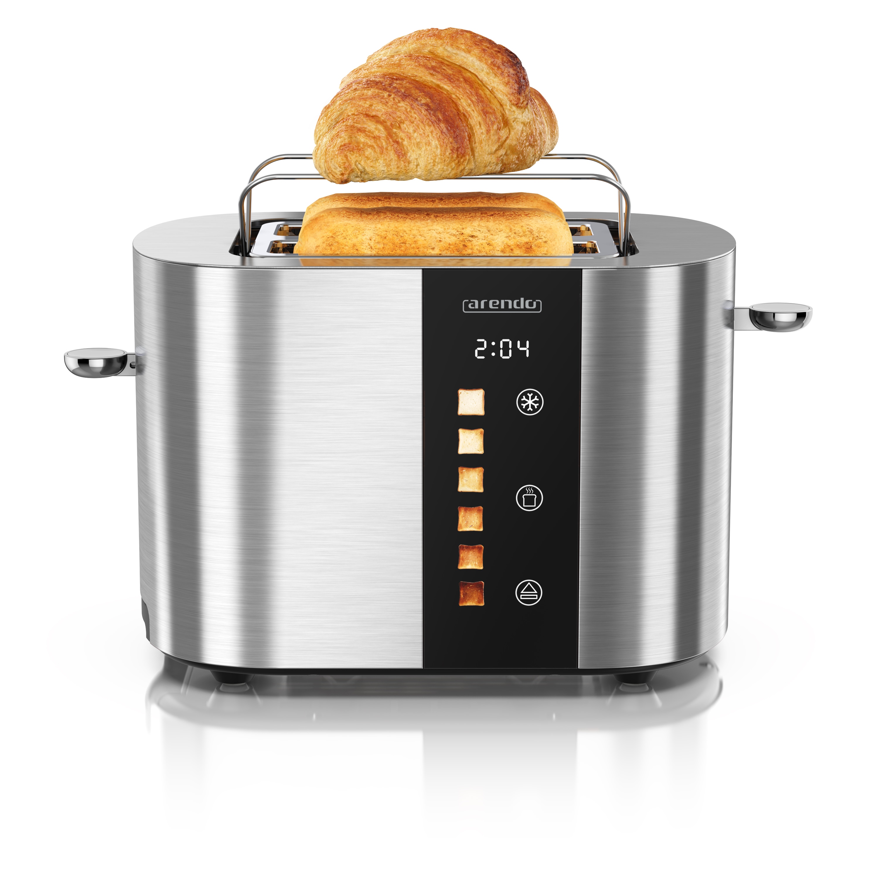 Arendo Toaster Edelstahl, Kurzschlitz, Touch Display, Br&auml;unungsgrad- & Restzeitanzeige, 2 Schlitze, 2 Scheiben, 800 W, Br&ouml;tchenaufsatz, w&auml;rmeisoliert 