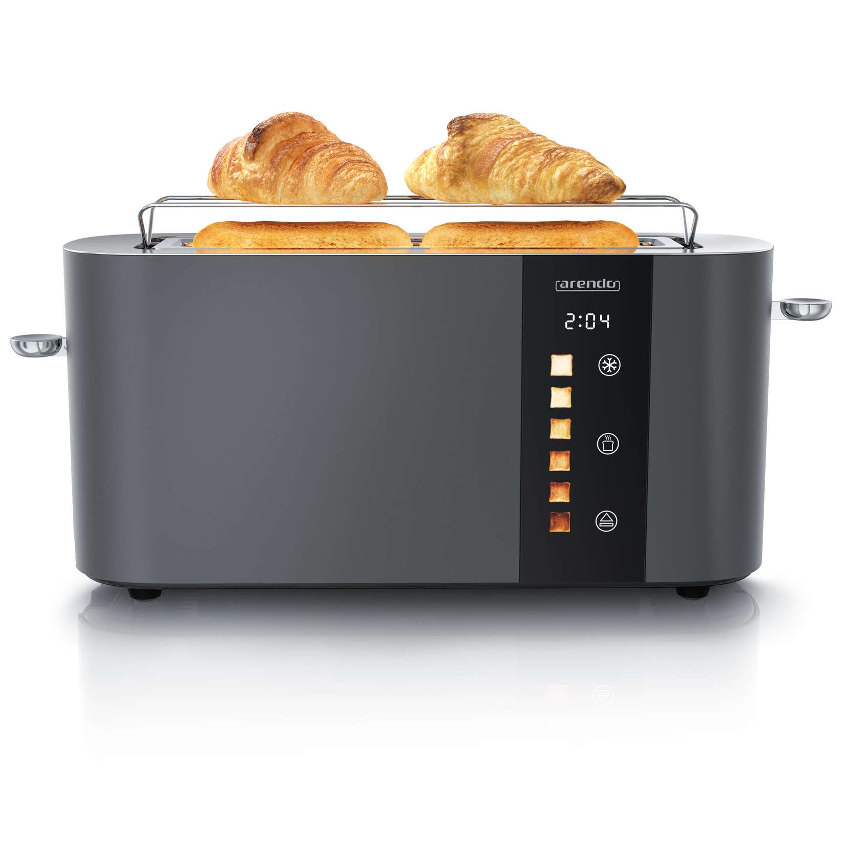 Toaster Edelstahl, Langschlitz, Touch Display, Bräunungsgrad- & Restzeitanzeige, 1 langer Schlitz, 2 Scheiben, 1000 W, Brötchenaufsatz, wärmeisoliert