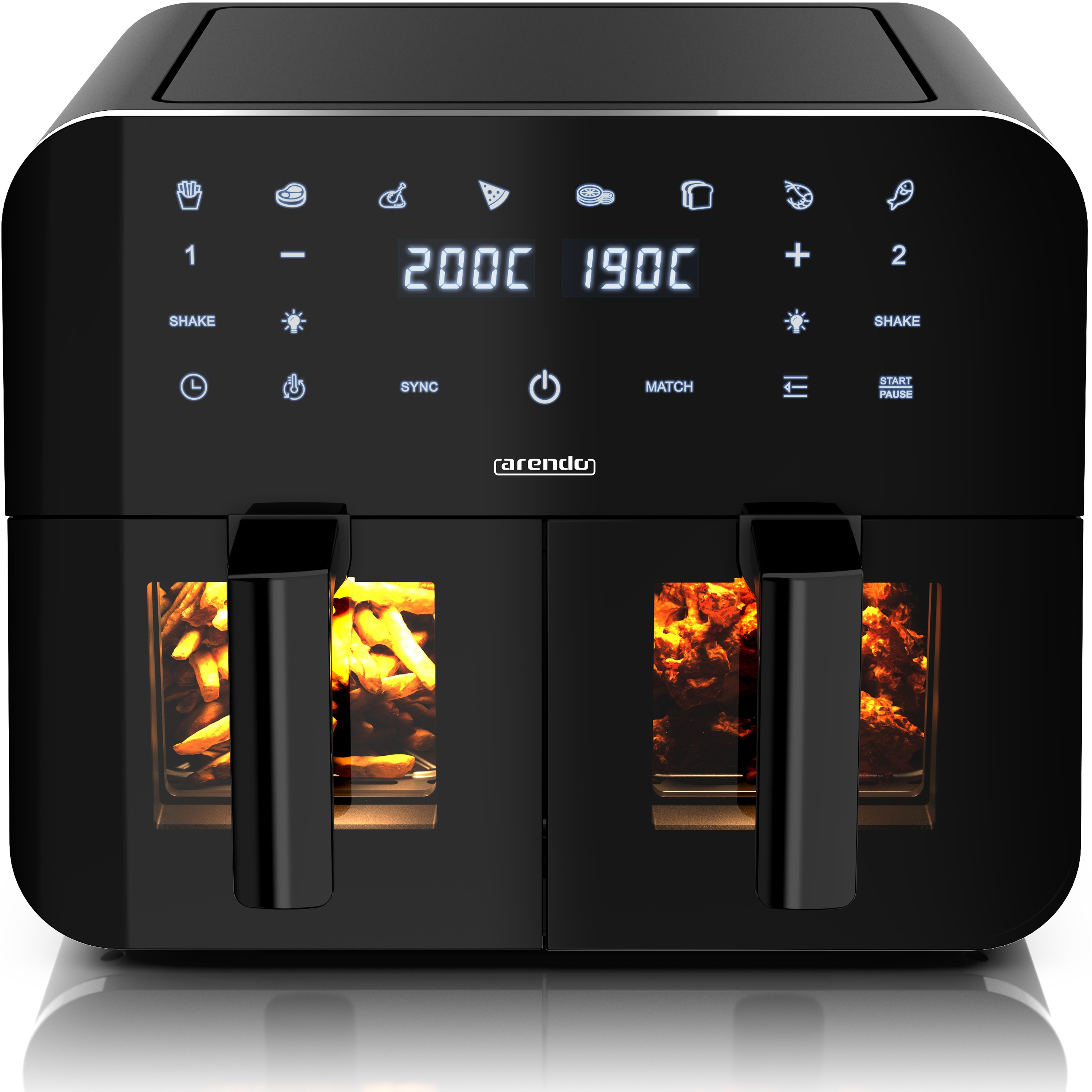 Arendo Hei&szlig;luftfritteuse XXL, Doppelkammer Airfryer 9 L, Dual Zone, Sichtfenster mit Beleuchtung, 2400 W, Zubeh&ouml;r, Touchscreen, 3D Umluftsystem 