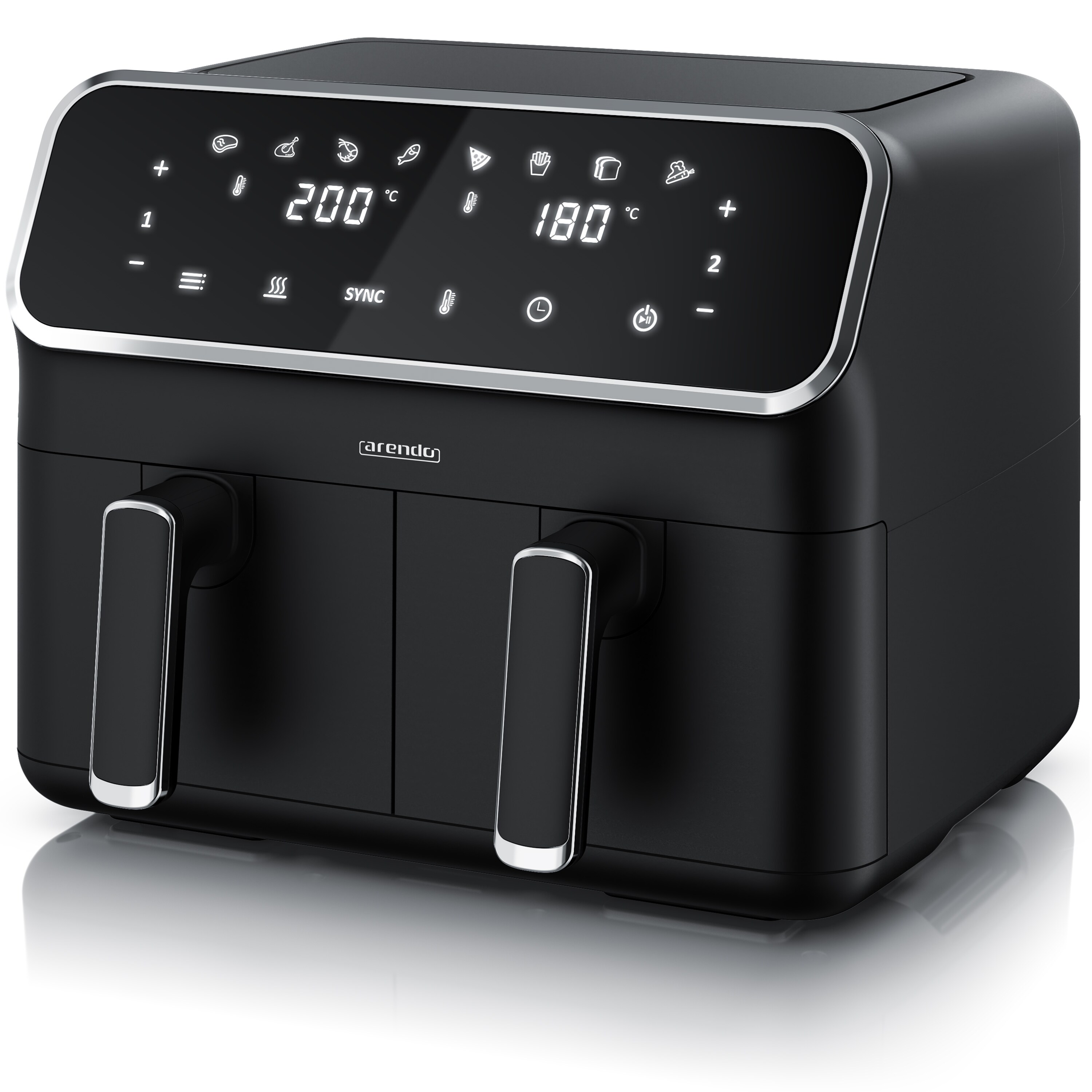 Arendo Hei&szlig;luftfritteuse XXL, Doppelkammer Airfryer 8 L, Dual Zone, Edelstahl, 2700 W, Zubeh&ouml;r, 2 Kammern, Backofenfunktion, fettarmes Kochen 