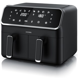 Arendo Heißluftfritteuse XXL, Doppelkammer Airfryer 8 L, Dual Zone, Edelstahl, 2700 W, Zubehör, 2 Kammern, Backofenfunktion, fettarmes Kochen 