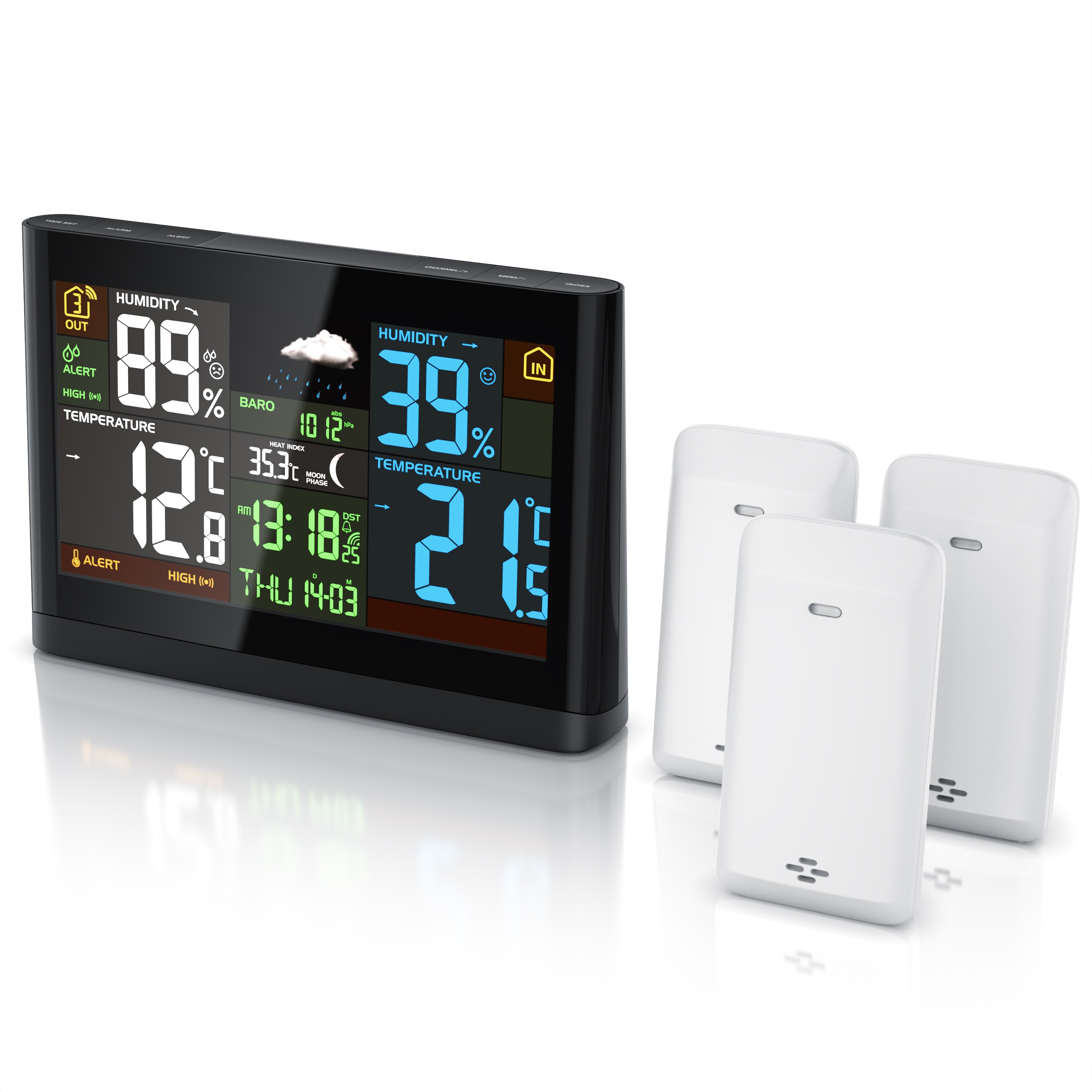 BEARWARE Wetterstation, Funk, Farbdisplay, 3 Au&szlig;ensensoren, DCF-Signal, Luftdruck, Barometer, Wetterprognose, Netzteil, Anleitung 