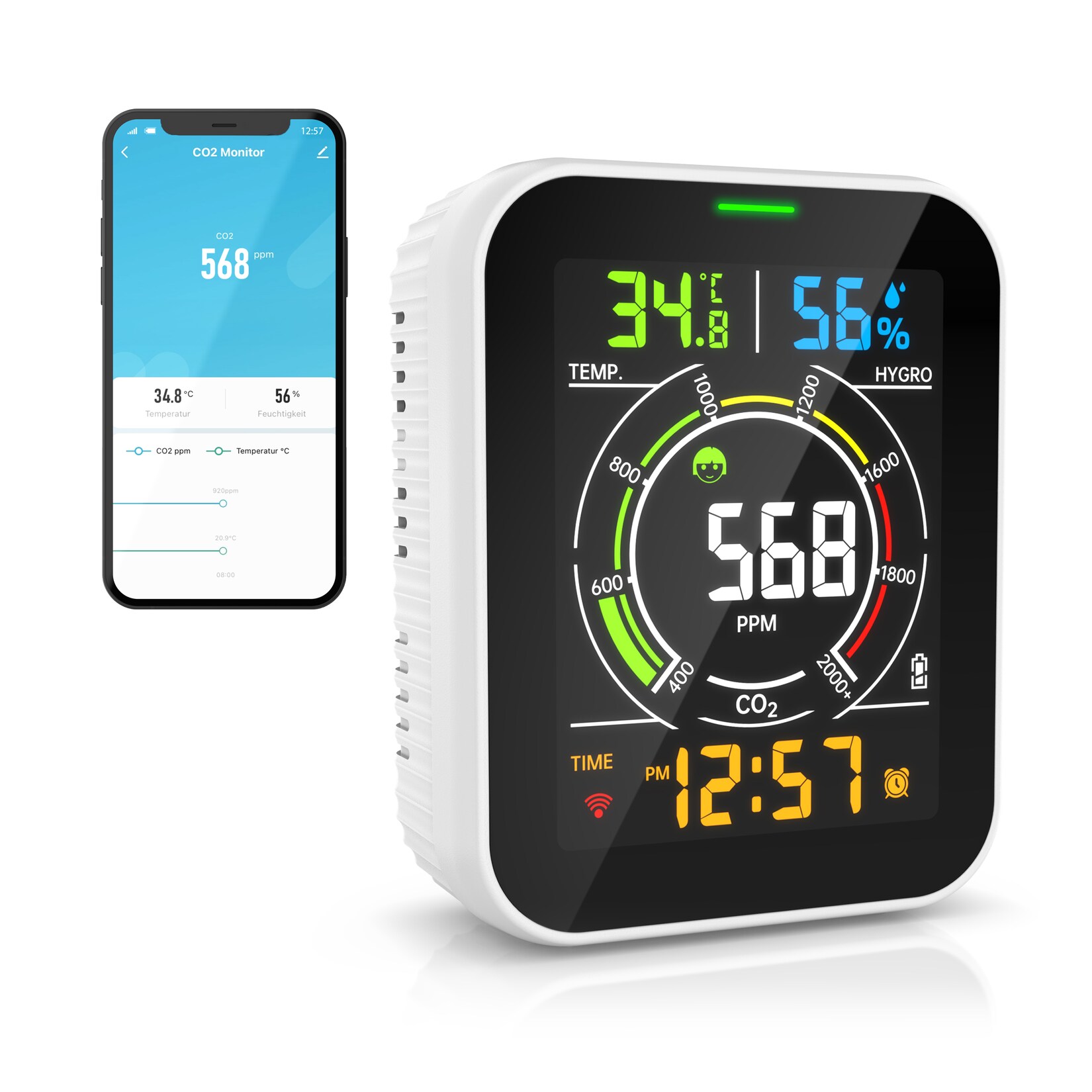 Raumluft-Qualitätssensor CO2-Messgerät, Luftqualitätsprüfer WLAN, App, Kohlenstoffdioxid Sensor, Raumluft Lüftungsempfehlung, Temperatur/Luftfeuchtigkeit, Weckfunktion