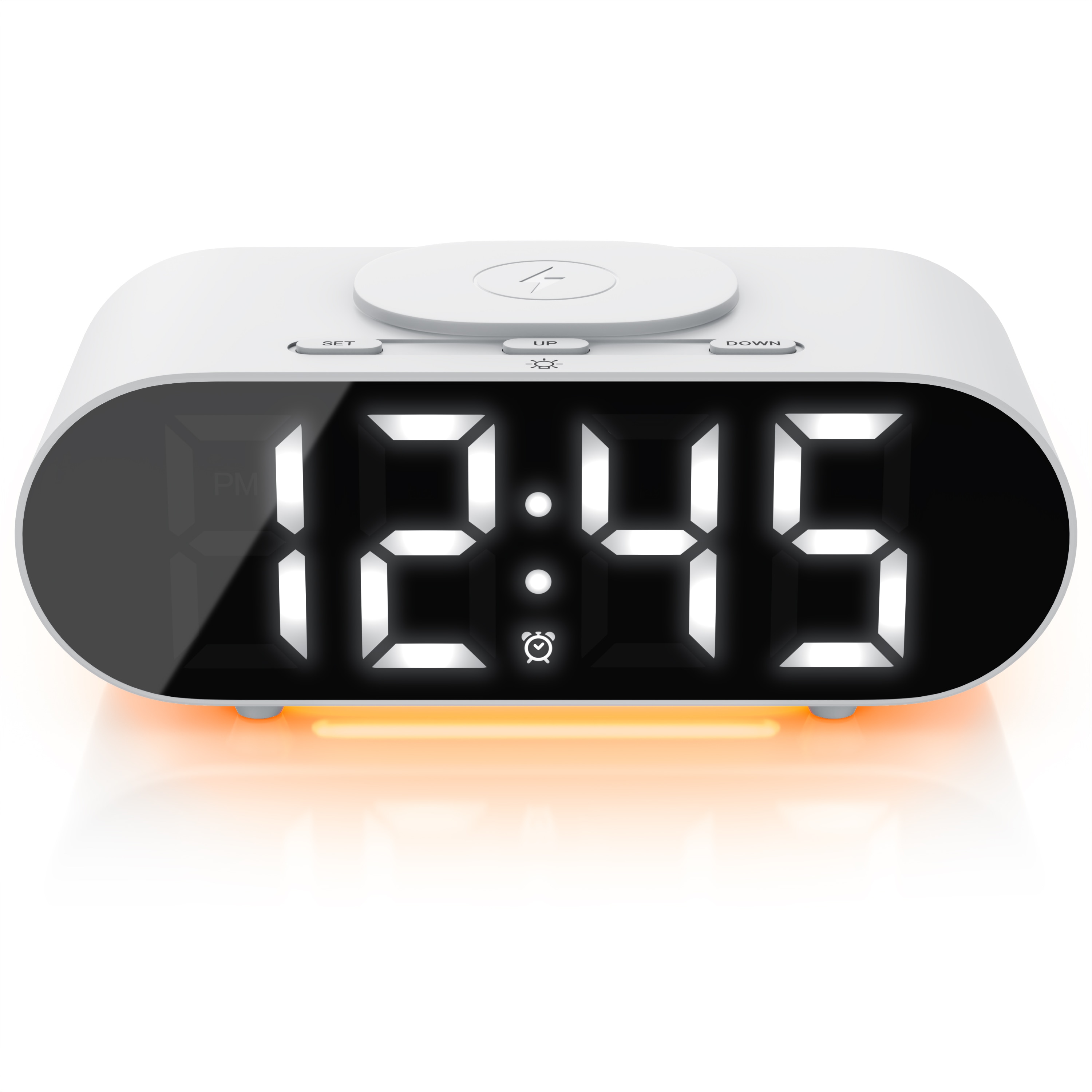 BEARWARE Wecker mit Netzteil & Akku, 3 Alarmzeiten, mit Beleuchtung & QI Ladefunktion Schlummerfunktion, Kabelloses Laden Wireless Charger, Akustiksteuerung 