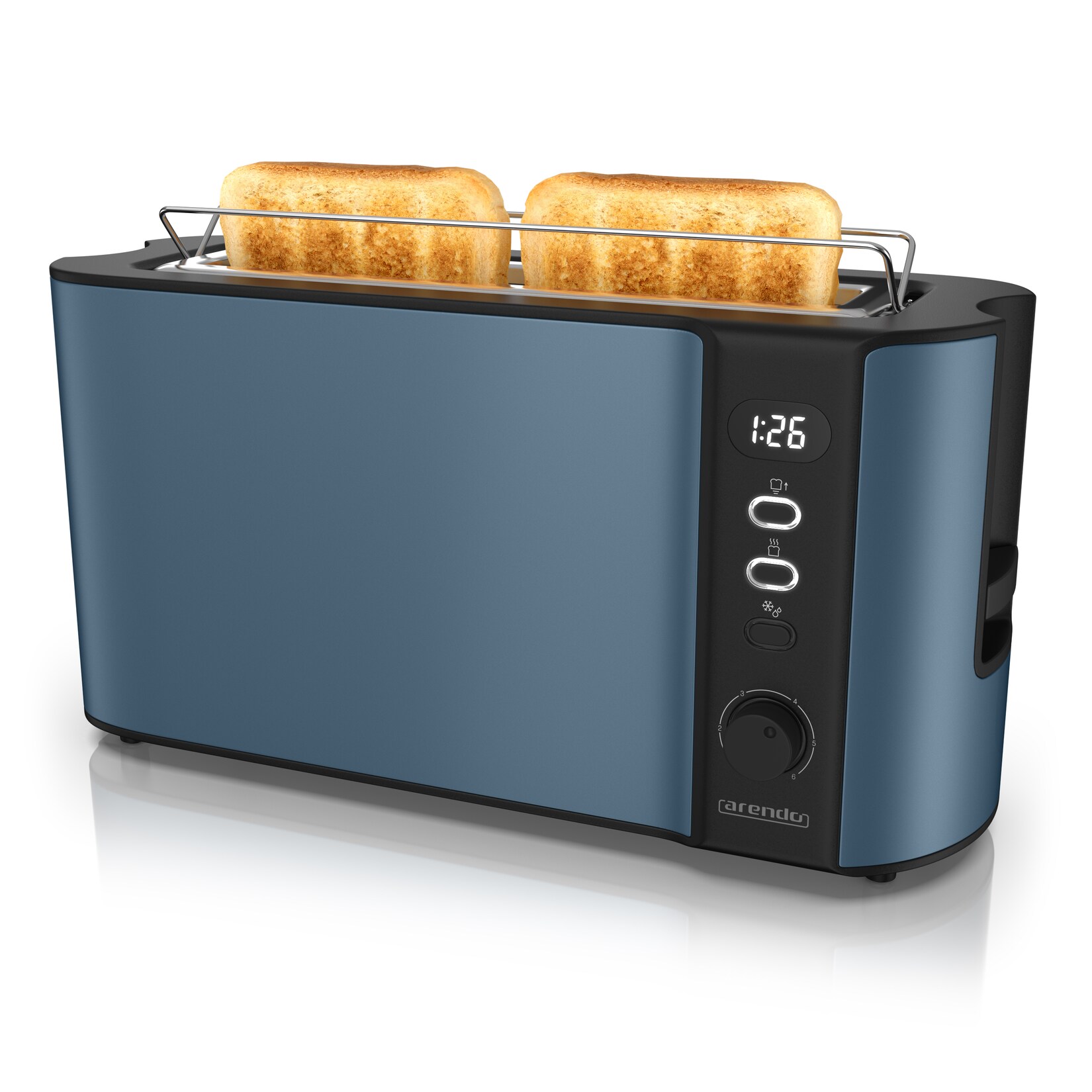 Toaster Edelstahl, Langschlitz, Display mit Restzeitanzeige, Brötchenaufsatz, 1 langer Schlitz, für 2 Scheiben, 1000 W, Defrost Funktion, Wärmeisolierendes Gehäuse, Krümelschublade