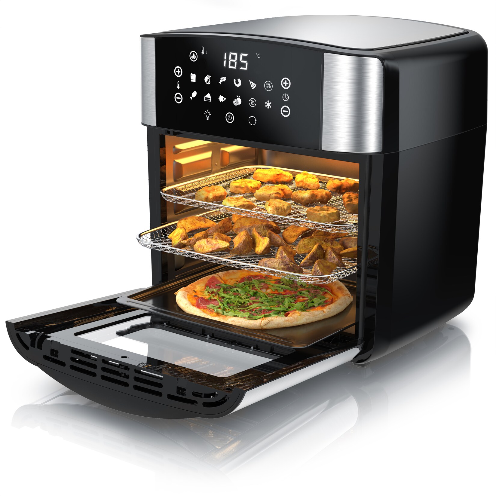 Heißluftfritteuse Multifunktionsofen , Backofen Umluft, Grill, Dörrautomat, Air Fryer, 1800 W, XXL Fritteuse ohne Öl mit Zubehör für Pizza, Hähnchen, Pommes uvm.