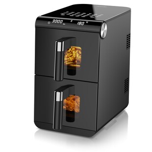 Arendo Heißluftfritteuse mit 2 Kammern Übereinander, XXL Doppelkammer Airfryer 11L, Dual Zone, 1700 W, mit Zubehör, Umluft Backofen, Sichtfenster, fettarmes gesundes Kochen 