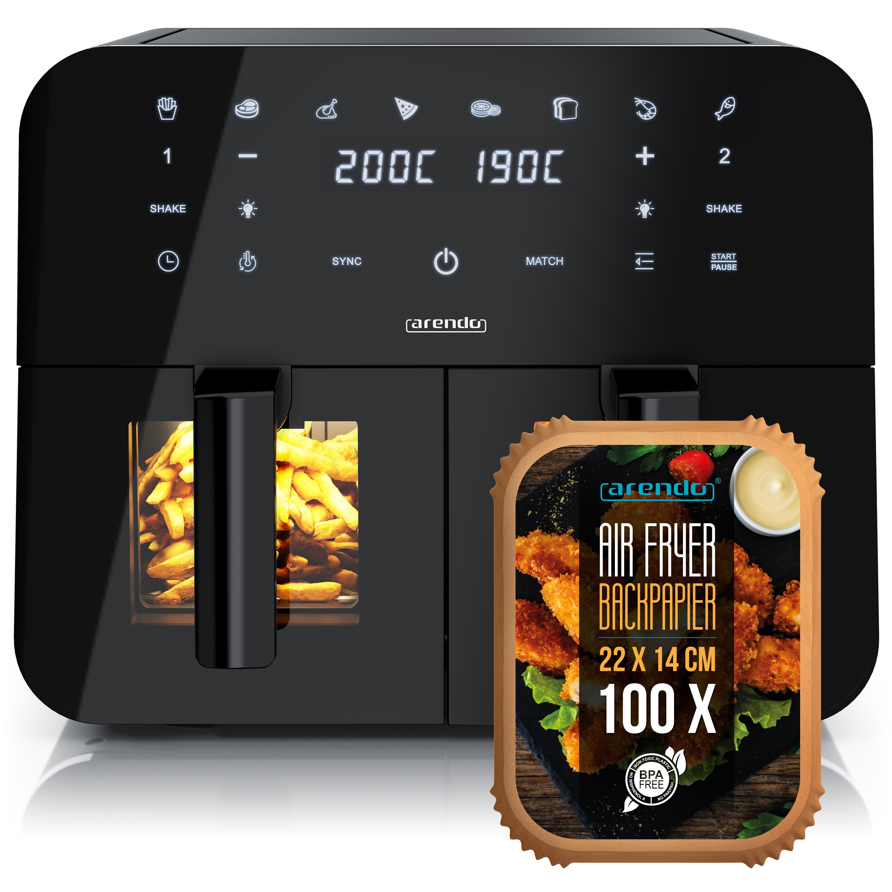 Arendo Hei&szlig;luftfritteuse, 2400 W, Sichtfenster mit Beleuchtung, Umluftsystem, fettarmes gesundes Kochen 