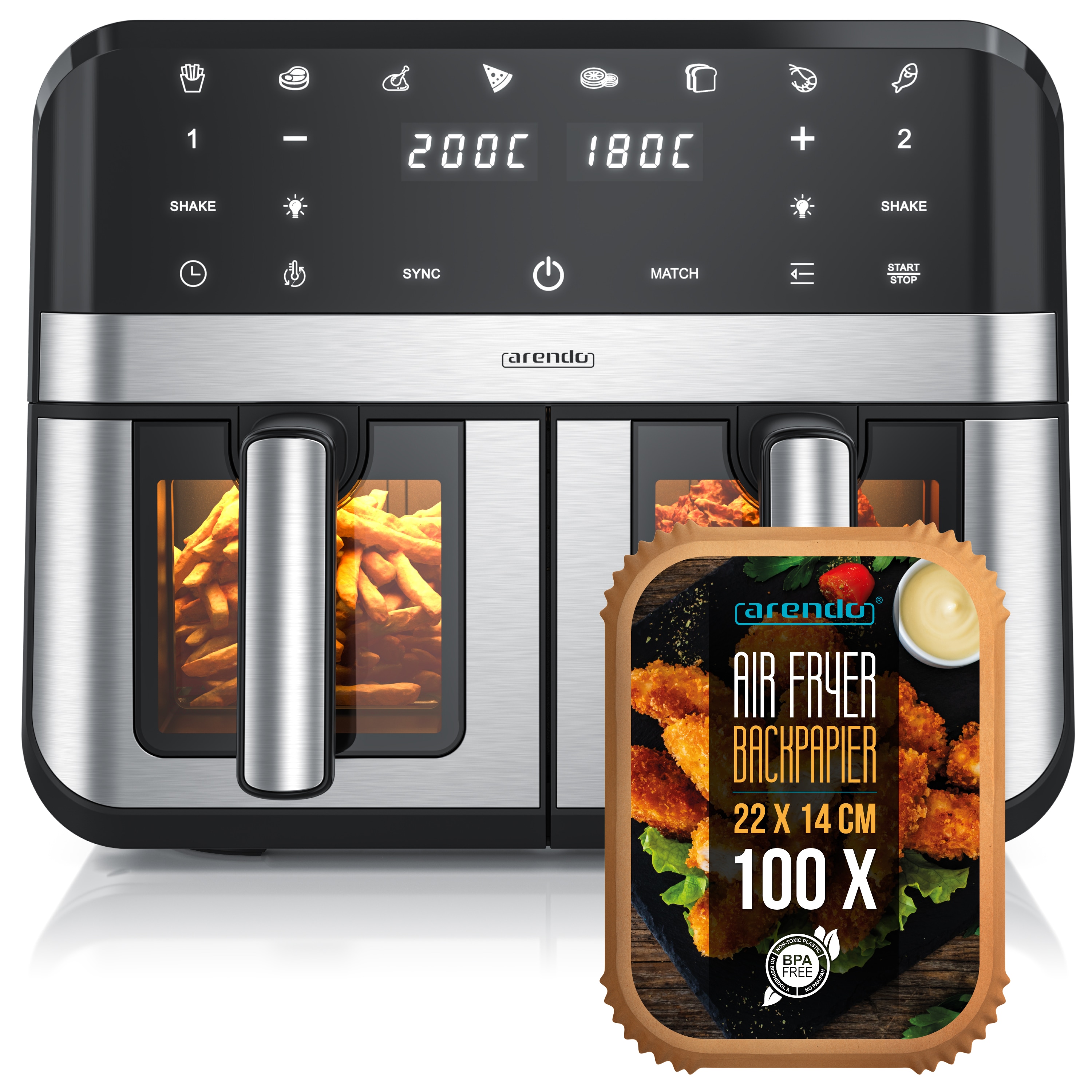 Arendo Hei&szlig;luftfritteuse, 2400 W, Sichtfenster mit Beleuchtung, Umluftsystem, fettarmes gesundes Kochen 